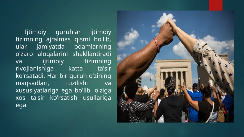 mmaviy kampaniyalar, ta'lim va targ'ibot ishlaridan iborat bo'lishi mumkin. c. normativ ta'sir ijtimoiy guruhlar siyosiy qarorlarni faqat tashqi bosim orqali emas, balki normativ ta'sir orqali ham o'zgartirishga intilishadi. masalan, guruhlar o'zining ijtimoiy, diniy yoki madaniy qadriyatlari asosida siyosiy tizimga ta'sir ko'rsatishadi. bu jarayon ko'pincha siyosiy qarorlar qabul qiluvchilarning jamiyatdagi ehtiyojlar va talablarni anglashiga yordam beradi. d. muqobil siyosiy kengashlar yaratish ba'zi ijtimoiy guruhlar muqobil siyosiy kengashlar tashkil etadilar, ularning asosiy maqsadi — rasmiy siyosiy tizimga qarshi turish yoki rasmiy siyosiy muvozanatni o'zgartirishdir. masalan, ekologik harakatlar yoki inson huquqlari guruhlari global yoki mahalliy miqyosda alohida siyosiy platformalar yaratishadi. xulosa ijtimoiy guruhlar siyosiy qarorlar qabul qilish jarayonida muhim ta'sirga ega. ular o'z manfaatlarini himoya qilish va siyosiy tizimga ta'sir ko'rsatish uchun turli mexanizmlardan foydalanadilar. ijtimoiy guruhlarning siyosiy jarayonlarga kirishi demokratiyaning rivojlanishiga yordam beradi, biroq bu jarayonlar ba'zida qarama-qarshiliklarni va ijtimoiy bo'linishlarni keltirib chiqarishi mumkin. shuning uchun ijtimoiy guruhlarning siyosiy qarorlar qabul qilishdagi …