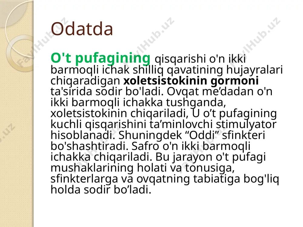 ga shikoyat qilishadi. o’zgaruvchan ich kelishi paydo bo’ladi. ob'ektiv korikda shifokor paypaslab o’ng qovurga osti sohasida ogriqli zonalarni, kaft qirrasi bilan qovurga ravoqining chetiga urganda og’riqlarning kuchayishini aniqlaydi. ko’pchilik bolalarda jigar kattalashadi, va uning cheti qovurga ravog’idan 1-2 sm pastda paypaslab topiladi. diagnostikasi instrumental tadqiqotlar. diskineziya tashxisini qo'yish uchun ultratovush tekshiruvi o'tkaziladi: o't pufagining gipomotor diskinezi bilan siydik pufagining kattalashishi mumkin va xoleretik nonushtadan keyin uning kech bo'shashi aniqlanadi. aniqroq ma'lumotlar xoletsistografiya, shu jumladan radionuklid yordamida olinadi. batafsil instrumental tekshiruv (qorin bo'shlig'ining oddiy rentgenogrammasi, og'iz xoletsistografiyasi, ultratovush tekshiruvi, radioizotopli skanerlash) o't pufagi va jigar yo'llarining organik shikastlanishlarini istisno qilishga imkon beradi davolash bir nechta yonalish bo’yicha: surunkali infeksiya ochoqlarini sanasiya qilish; parazitlarga harshi terapiya; me'yoriy ovqatlanish tartibini tiklash orqali organizmning himoya tizimini me'yorlashtirish; allergizasiyani pasaytirish; gipovitaminoz va disbakteriozini yo’qo’tish tadbirlari amalga oshiriladi degani. davo ovqatlanishi. ovqatlanish mexaniq, kimyoviy va termik avaylovchi bo’lishiga kerak (5-dieta). safroning ritmik ajralishini ta'minlash uchun ovqatni …