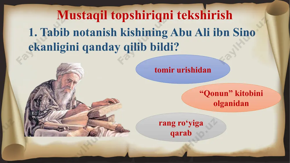 jismoniy shikastlanish natijasida nogiron bo‘lib qolish sinkveyn pahlavon (ot) 1ta jasur, mard. (sifat) 2ta kurashadi, bellashadi, olishadi.(fe’l) 3ta mahmud vatandoshlarini ozod qildi.(gap) 1ta 5. baquvvat(ma’nodosh so‘z) mahmud qayerga safar qildi? tehronga bombeyga dehliga rivoyatdagi ushbu parchaga savol tuzing. — menga hech narsa kerak emas. sizning zindoningizda 200 dan ortiq yurtdoshim asir ekan, o‘shalarni ozod qilsangiz, vatanimga birga olib ketsam, bas, — debdi mahmud. sulton bahodirga ot-ulov, sarpolar beribdi va asirlarni hibsdan bo‘shatibdi. mahmud vatandoshlari bilan xorazmga qarab yo‘l olibdi. pahlavon mahmud sultondan qanday istagini bajarishini so‘radi? mustaqil topshiriq pahlavon mahmud nima uchun yosh bahodir bilan kurash tushishni xohlamaydi? 2. pahlavon mahmudning kurashda yosh baho-dirdan yengilishi sababi nimada deb o‘ylaysiz? image1.png image2.jpeg image3.png image4.png image5.jpeg image6.png image7.jpeg /docprops/thumbnail.jpeg