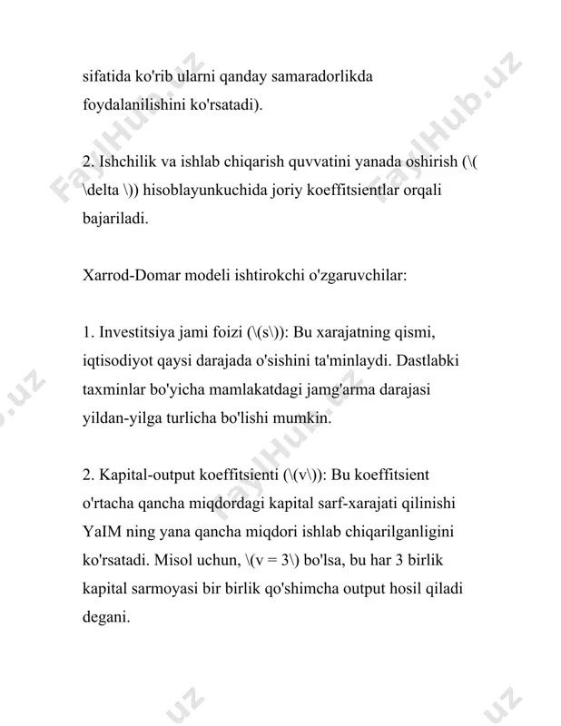 orligini e'tiborga olmaslik bilan bog'liq murakkabliklarni yuzaga keltirishi mumkin. uchinchidan, model rivojlangan va rivojlanayotgan mamlakatlar uchun muhim tavsiyalar beradi. masalan, rivojlanayotgan mamlakatlarda jamg'arish darajasini oshirish va kapital samaradorligini yaxshilash orqali iqtisodiy o'sishni rag'batlantirish mumkin. shuningdek, rivojlangan mamlakatlarda kapitalning samaradorligini oshirish orqali barqaror iqtisodiy rivojlanishga erishish mumkin. xarrod-domar modeli har safar ko'plab tanqidlarga sabab bo'lsa-da, u iqtisodiy o'sish jarayonlarini tahlil qilishda muhim dastlabki yondashuvlardan biri hisoblanadi. bu model asosida keyingi nazariyalar va amaliyotlar rivojlandi, jumladan solow modeli va boshqalar. yuqoridagi raqamli parametrlar asosan iqtisodchi va tadqiqotchilar tomonidan o'rganilishi lozim bo'lgan asosiy tushunchalardir. ushbu modelda ko'rsatilgan sarmoya va jamg'arishning muhimligi rivojlanish strategiyalari uchun yo'l xaritasi sifatida foydalaniladi. eng optimal yechimlarni topish va barqaror iqtisodiy o'sishni ta'minlash uchun bu modelning tamoyillari amalda qo'llanilishi zarurdir. 3. solou modeli asoslari sizga solou modeli asoslari bo'yicha ma'lumotlar kerak ekan. quyida ushbu model haqida asosiy ma'lumotlarni keltiraman. --- solou modeli, to‘liq nomi robert solou tomonidan ishlab chiqilgan …