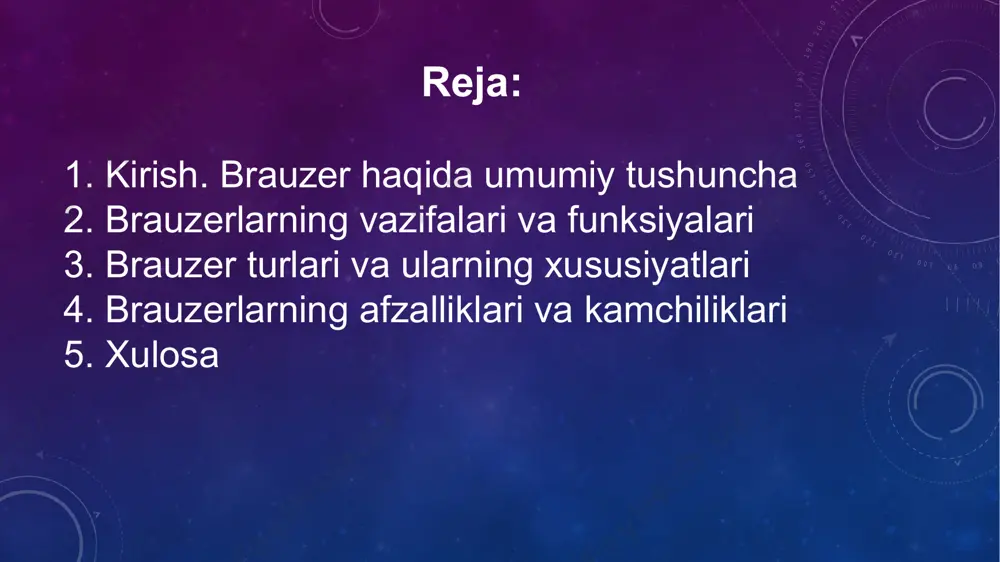 ‘p reklama yoki xavfli kengaytmalar bo‘lishi mumkin. 5. internetga qaramlik: brauzerlar faqat internetga ulangan holatda ishlaydi, offline rejim cheklangan. 6. xavfsizlik xatolari: har qanday brauzerda himoya teshiklari yoki zararli dasturlar xavfi bo‘lishi mumkin. xulosa xulosa qilib aytganda, brauzerlar foydalanuvchilarning onlayn faoliyatini samarali va xavfsiz qilishda muhim rol o‘ynaydi, lekin ularni tanlashda maxfiylik va texnik imkoniyatlarga e'tibor qaratish lozim. har bir brauzer o‘ziga xos xususiyatlarga ega bo‘lib, foydalanuvchilarning ehtiyojlariga mos ravishda tanlanadi. masalan, google chrome tezligi bilan, mozilla firefox kengaytirish imkoniyatlari bilan, tor browser esa maxfiylikni ta'minlash bilan ajralib turadi. foydalanilgan adabiyotlar: 1. https://uz.wikipedia.org 2. m.aripov. “axborot xavfsizligi asoslari” 3. https://arxiv.uz image2.png image3.png image4.jpeg image5.png image6.jpeg /docprops/thumbnail.jpeg
