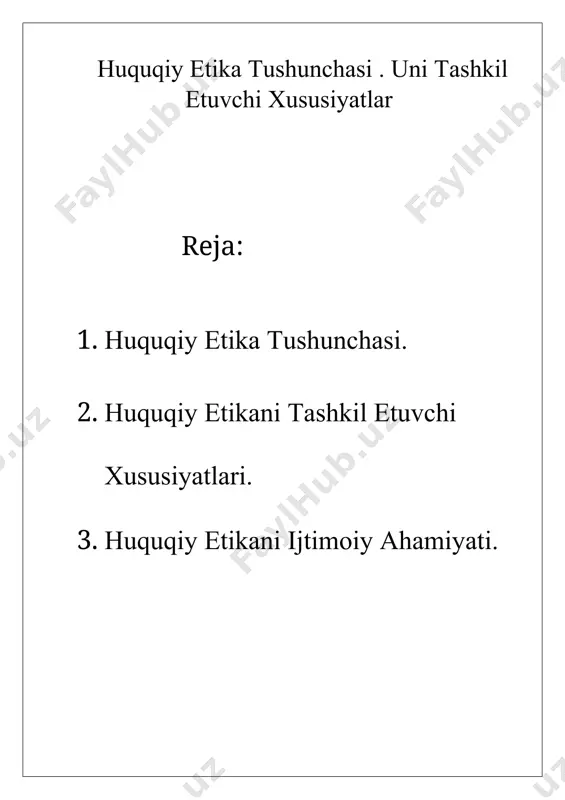 ilish muhim ahamiyatga ega. huquqiy etika faqat qonunlarga rioya qilishni emas, balki ularga insoniylik bilan yondashishni talab qiladi. adolat va insonparvarlik prinsipi huquqiy etika jamiyatdagi barcha shaxslarning tengligini va insonparvarlik tamoyillariga asoslangan huquqiy faoliyatni qo‘llab-quvvatlaydi. huquqiy etikaning ta’rifi huquqiy etika — bu huquqiy faoliyatda axloqiy qadriyatlar, tamoyillar va me’yorlarning qo‘llanilishini o‘rganuvchi fan sohasidir. u huquqiy tizimda ishlovchi shaxslarning, masalan, sudya, advokat, prokuror, huquqshunos va boshqa huquq sohasidagi mutaxassislarning faoliyatini axloqiy jihatdan boshqaradi. huquqiy etika qonunlarni ijro etish va qo‘llash jarayonida shaxsiy, ijtimoiy va axloqiy mas’uliyatni belgilashga qaratilgan. 2.huquqiy etikaning vazifalari axloqiy me’yorlar bilan huquqni uyg‘unlashtirish: huquqiy etika, huquqning asosiy tamoyillariga (adolat, inson huquqlariga hurmat, tenglik, erkinlik) va axloqiy qadriyatlar (halollik, adolat, xolislik)ga muvofiq ishlashni ta’minlaydi. huquqiy faoliyatda kasbiy mas’uliyatni oshirish: har bir huquqiy faoliyat ishtirokchisi o‘zining xatti-harakatlari uchun axloqiy va huquqiy mas’uliyatni his qilishi kerak. huquqiy tartibni mustahkamlash: huquqiy etika qonun ustuvorligini ta’minlash va jamiyatda qonunlarga bo‘lgan ishonchni oshirishga yordam …