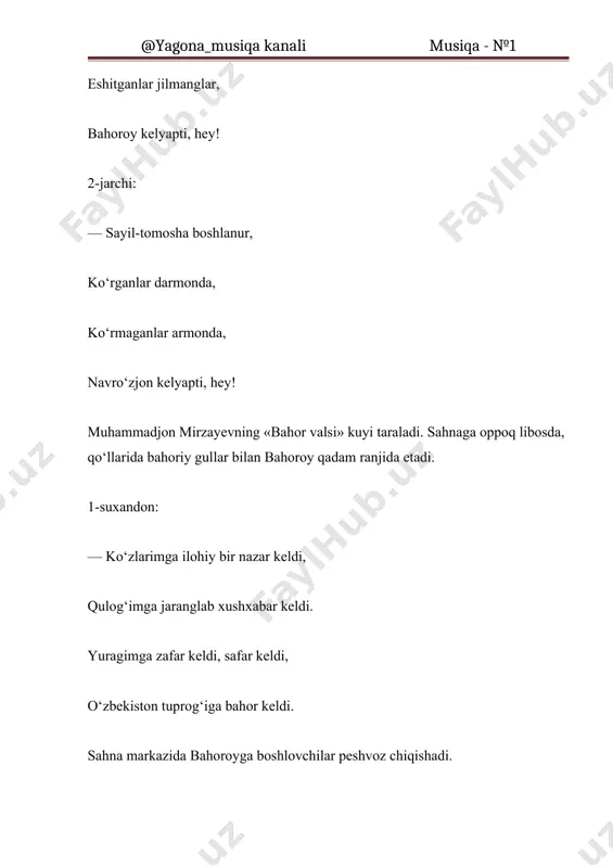 varraklarini ko‘z-ko‘z qilishadi. 1-suxandon: — bahor arafasida birinchi bo‘lib bodom gullaganda katta-kichik mamnun bo‘ladi. so‘ngra qolgan mevali daraxtlar ham birin-ketin gulga burkanadi. o‘rik gullari o‘zgacha bir chiroyga ega. dasturxonlarimiz esa bahor ne’matlariga to‘lib-toshadi. tabiat bizga in’om etgan otquloq, yalpiz, jag‘jag‘, ismaloq kabi shifobaxsh ko‘katlardan ko‘k chuchvara, ko‘k somsa va boshqa taomlar pishiriladi. bahoroy va navro‘zjon mehmonlarga turli noz-ne’matlar tarqatishadi. 2-suxandon: — sumalak esa qadimiy tansiq taom bo‘lib, navro‘zning xabarchisi, desak mubolag‘a bo‘lmaydi. uning kelib chiqishi haqida turli afsonalar mavjud. sumalak sayillari har bir kishiga o‘zgacha shod-u xurramlik bag‘ish¬laydi. har yili bahorda shifobaxsh taom pishirilib, dasturxonga tortiladi. sahnada sumalak solingan piyolani qo‘lida ushlab turgan atlas libosdagi qiz sumalak haqida she’r aytadi. 2-suxandon: — navro‘z millatning tarixi, falsafasi, badiiyati va san’ati, madaniyati, mifologik dunyoqarashini, ilmiy tafakkur tarzini o‘zida mujassam etgan qomusiy bir ayyomdir. tabrik uchun so‘zni maktabimiz direktoriga beramiz. maktab rahbarining tabrik so‘zidan so‘ng 3-chorakni a’lo baholarga tugatgan va jamoat ishlarida faol …
