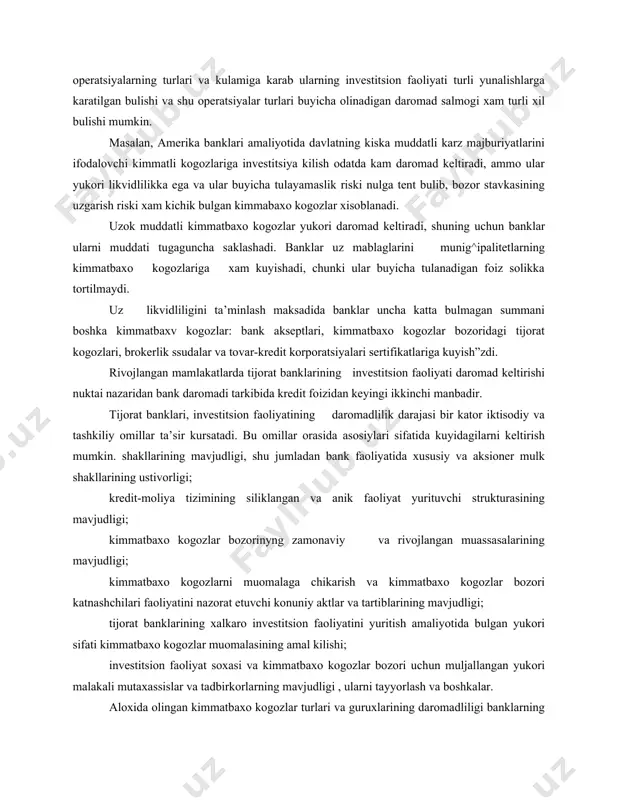 oliyatining daromadlilik darajasi bir kator iktisodiy va tashkiliy omillar ta’sir kursatadi. bu omillar orasida asosiylari sifatida kuyidagilarni keltirish mumkin. shakllarining mavjudligi, shu jumladan bank faoliyatida xususiy va aksioner mulk shakllarining ustivorligi; kredit-moliya tizimining siliklangan va anik faoliyat yurituvchi strukturasining mavjudligi; kimmatbaxo kogozlar bozorinyng zamonaviy va rivojlangan muassasalarining mavjudligi; kimmatbaxo kogozlarni muomalaga chikarish va kimmatbaxo kogozlar bozori katnashchilari faoliyatini nazorat etuvchi konuniy aktlar va tartiblarining mavjudligi; tijorat banklarining xalkaro investitsion faoliyatini yuritish amaliyotida bulgan yukori sifati kimmatbaxo kogozlar muomalasining amal kilishi; investitsion faoliyat soxasi va kimmatbaxo kogozlar bozori uchun muljallangan yukori malakali mutaxassislar va tadbirkorlarning mavjudligi , ularni tayyorlash va boshkalar. aloxida olingan kimmatbaxo kogozlar turlari va guruxlarining daromadliligi banklarning investitsiya portfelining bozor baxosiga boglik buladi. oxirgi uz navbatida kuyidagi faktorlar ta’sirida uzgarib turadi. bular obligatsiyalarning foiz stavkalari, xisobga olingan foizlar, veksellar buyicha foizlar, aksiya buyicha devidentlar va kimmatbaxo kogozlarga bulgan talab va takliflardir. odatda kimmatbaxo kogozlarning bozor narxi va undan …