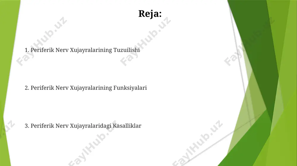 g umumiy tasviri periferik nervlarning regeneratsiya qobiliyati markaziy nerv sistemasiga qaraganda ancha yuqori, ammo bu jarayon sekin va to'liq tiklanishni kafolatlamaydi. periferik nerv tizimi taxminan 100 milliard neyronga ega bo'lib, ularning aksariyati sensorli va motor funksiyalarni ta'minlaydi. aksonlar miyelin qin bilan qoplanishi mumkin, bu esa impulslarning tezligini 100 marta oshiradi, bu esa tezroq nerv impulslarini uzatishni ta'minlaydi. periferik nerv sistemasi tuzilishi gangliy deb ataluvchi neyronlar guruhlari periferik nerv sistemasida strategik joylashgan boʻlib, ular sensorli axborotni markaziy nerv sistemasiga uzatishda muhim rol oʻynaydi va taxminan 10-100 ming hujayradan tashkil topgan bo'lishi mumkin. periferik nerv sistemasining asosiy tuzilishi uchta asosiy qismdan: sensorli neyronlar, motor neyronlar va avtonom nerv sistemasi neyronlaridan iborat boʻlib, ularning umumiy soni millionlab hisoblanadi. periferik nervlarning miyelinizatsiyasi tezligi har xil boʻlib, a-toifa tolalarida 70-120 m/s gacha, b-toifa tolalarida esa 3-15 m/s gacha yetishi mumkin, bu impuls oʻtkazuvchanligini aniqlaydi. periferik neyropatiyalar neyropatiyaning og'irligi engil uyqusizlikdan tortib kuchli og'riq va falajgacha …
