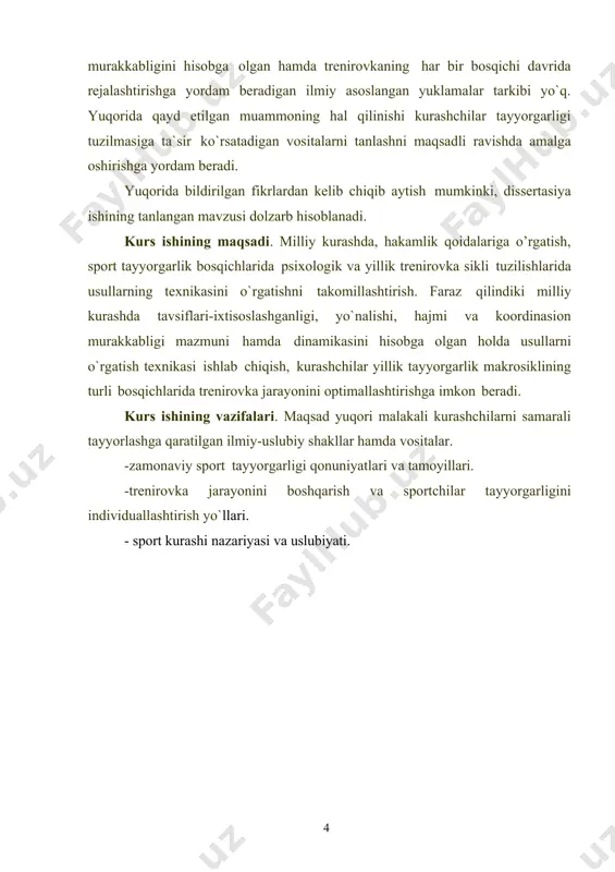 majbur qila bilishi. v) emosiyalarni boshqara bilish g) o`z usidan doimiy nazorat olib borish. ma`anaviy va irodaviy sifatlarni tarbiyalash jarayonida quyidagi usullar qo`llaniladi: ishontirish, majburlash, doimiy qiyinchiliklarni oshirish va musobaqa. sportchilarni ruhiy tayyorgarligining tuzilishi tiklangan sport turi bilan shu sport 2 o‘zbekiston respublikasi prezidentining 2020-yil 4-noyabrdagi pq-4881-son qarori kurash milliy sport turini 2025-yilgacha yangi bosqichga olib chiqish konsepsiyasi. lex.uz turi xususiyatlariga xos ruhiy imkoniyatlar soni va ularning har xilligi, qiyinchiliklari bilan farq qiladi. sport turining o`ziga xosligi yoki sport turining alohida bo`lishlari, sport psixologiyasiga qo`yiladigan talablarga o`z izlarini qoldirdilar. ruhiy tayyorgarlikning asosiy omillaridan biri keyingi bo`ladigan musobaqalar yo`nalishini bashorat qilish mexanizmini mashq va musobaqa jarayonida paydo bo`ladigan sharoitlarni har xilligi bilan ajralib turadigan harakatlar orqali tuziladi. mashg`ulot jarayonini rejalashtirishdan bunday sharoitlarni tuzishga doim intilishi kerak. sportchilarning ruhiy tayyorgarlik tuzilishi va asosiy omillardan biri refleksiya, ya`ni sportchining kurash jarayonida shu kurashning qanday borishini bilish qobiliyati hisoblanadi. refleks fikrlash qanday darajada kurashning …