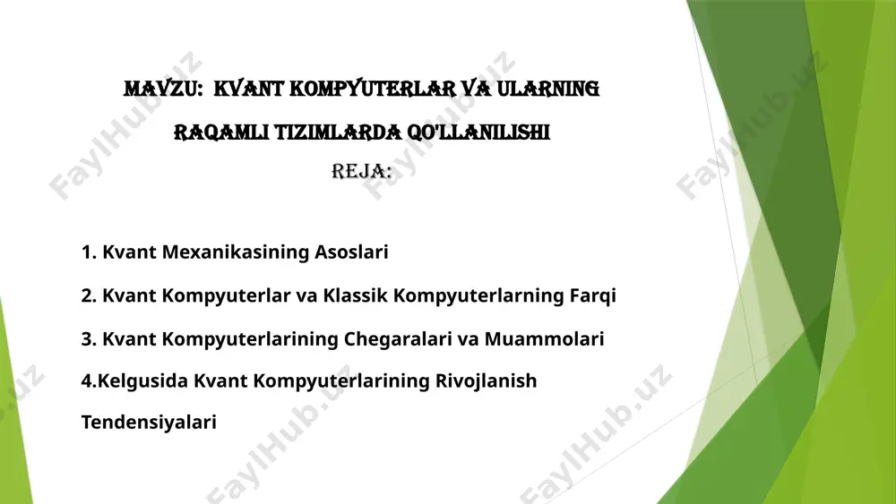 moliyaviy modellash moliyaviy modellash uchun kvant kompyuterlarning qo'llanilishi katta istiqbolga ega, chunki ular murakkab moliyaviy ma'lumotlarni tahlil qilishga yordam beradi. sun'iy intellekt kvant kompyuterlar sun'iy intellekt algoritmlarini o'qitishni tezlashtirishi mumkin, bu esa yangi imkoniyatlar yaratadi. 6 qutbli va superpozitsion holatlar qutbli holatlar kubit qutbli holatlarda, ya'ni 0 yoki 1 holatida bo'lishi mumkin. superpozitsiya superpozitsiya holatida kubit 0 va 1 holatlarining bir vaqtda birikmasi bo'lishi mumkin. 7 2. kvant kompyuterlar va klassik kompyuterlarning farqi 1 klassik kompyuterlar klassik kompyuterlar bitlar bilan ishlaydi, ular 0 yoki 1 holatida bo'lishi mumkin. 2 kvant kompyuterlar kvant kompyuterlar kubitlar bilan ishlaydi, ular 0, 1 yoki ikkalasining birikmasi bo'lishi mumkin. 8 kvant kompyuterlarining afzalliklari tezlik kvant kompyuterlar ba'zi muammolarni klassik kompyuterlardan ancha tez hal qilishi mumkin. parallellik kvant kompyuterlar bir vaqtda bir nechta hisoblashlarni bajarishi mumkin, bu esa ularga murakkab muammolarni hal qilishga imkon beradi. 9 3. kvant kompyuterlarining chegaralari va muammolari 1 decoherence kubitlar atrof-muhit …