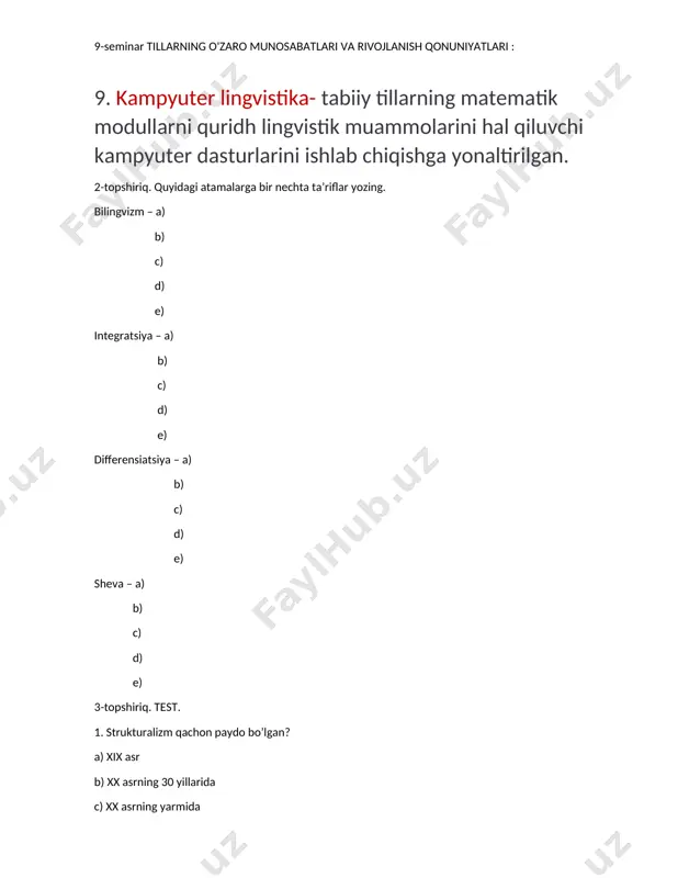 ar ikkinchi til sifatida katta port shaharlarda foydalaniladi? a) sun’iy tillar b) pijin tillar c) klassik tillar d) kreol tillar 5. gaiti oroli mahalliy aholisi bilan fransuz tili aralashuvi natijasida qaysi kreol tili paydo bo’ldi? a) gatti – kreol tili b) franz-kreol tili c) nautal tili d) papiyamento 6.o’z yozuviga ega bo’lmagan tillarga qaysi tillar kiradi? a) standart tillar b) klassik tillar c) mahalliy tillar d) kreol tillar 7. dialekt so’zining yunonchadan tarjimasi nima? a) xalq b) millat c) sheva d) yozuv 8. qanday til ma’lum bir qabila, xalq yoki millatning tarkibiy qismlari tili hisoblanadi? a) suniy tillar b) pijin tillar c) dialekt d) standard 9. qaysi tipologiyada standartlashtirish, hayotiylik, tarixiylik, avtonomlik deb nomlanuvchi o’lchovlar qabul qilingan? a) genetik tipologiya b) morfologik tipologiya c) sotsiologik til d) qiyosiy tipologiya 10. “kognitiv” atamasining asosida qanday ma’no yotadi? a) aql b) bilish, idrok etish c) jamiyat d) insoniyat 11. makrosotsiolingvistika nima? a) …