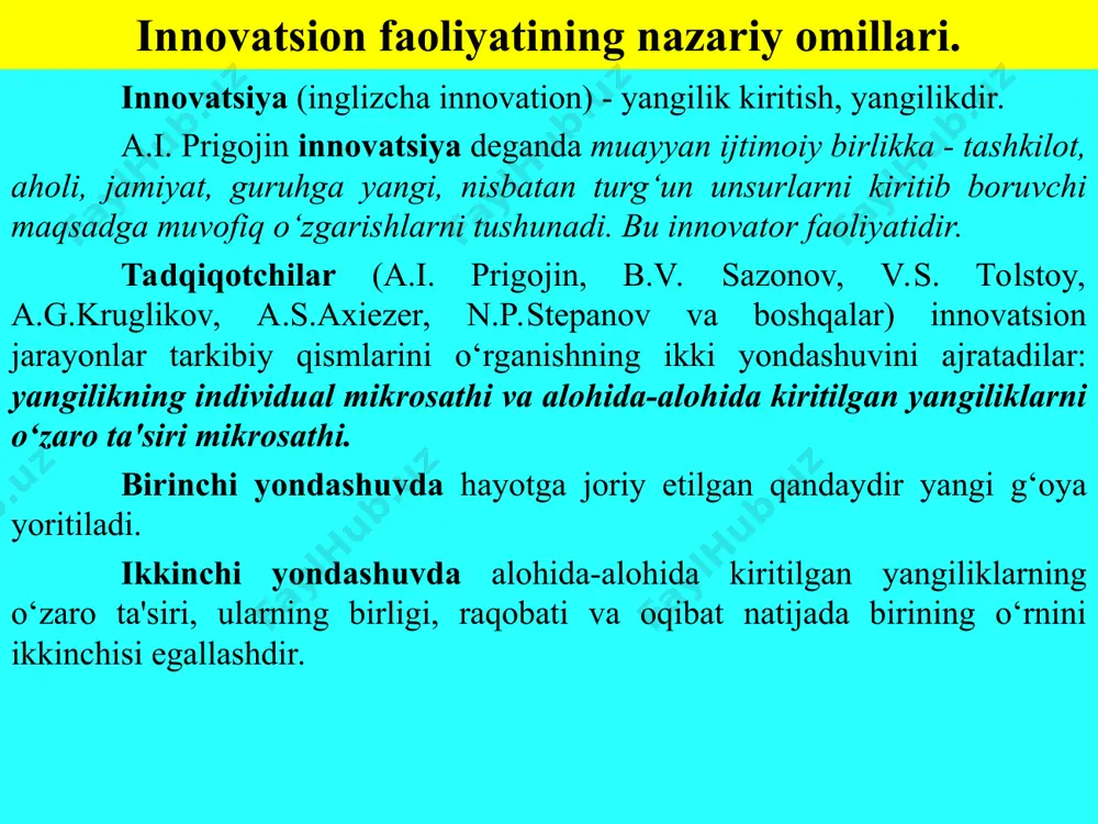 nsonning o‘zini yangilik yaratish jarayoniga baxshida qilishi, uning tomonidan yaratilgan pedagogik qadriyatlar jamini anglatadi. aksiologiya insonga oliy qadriyat va ijtimoiy taraqqiyotning birdan-bir maqsadi sifatida qaraydi. o‘qituvchining innovatsion faoliyati tuzilmasi. o‘qituvchining innovatsion faoliyatiga yaratuvchilik jarayoni va ijodiy faoliyat natijasi sifatida qaraladi. v.a.slastenin o‘qituvchining innovatsion faoliyatini tuzishda unga akmeologik jihatdan yondashadi. akmeologiya (akme) - yunoncha oliy nuqta, o‘tkir, gullagan, yetuk, eng yaxshi davr degan ma'nolarni bildiradi. b.g.ananev, n.v.kuzmina, a.a.derkach va boshqalar kasbiy faoliyatning samarasini oshirish bilan yo‘g‘rilgan inson hayotining eng ijodiy davrlari, yetuklik bosqichlari to‘g‘risida fikr yuritadilar. ular yetuk insonlarning professionalizmi, shaxs rivojlanishining gullagan davridagi psixik qonuniyatlari, professionalizmga yetishdagi balandliklardan o‘ta olish masalalari bilan shug‘ullanganlar. yuksak professionalizmga erishishning omillari sifatida quyidagilar ko‘rsatiladi: akmeologiya ilmiy nuqtai nazardan professionalizm va ijod munosabatida olib qaraladi. bunda quyidagi kategoriyalar farqlanadi: iste'dod nishonalari; uquvlilik; qobiliyat; iste'dod; oila tarbiyasi sharoiti; o‘quv yurti; o‘z xatti-harakati. ijodiy individuallik; o‘zining o‘sish va takomillashish jarayoni; o‘z imkoniyatlarini amalga oshirish sifatidagi kreativ tajribasi. …