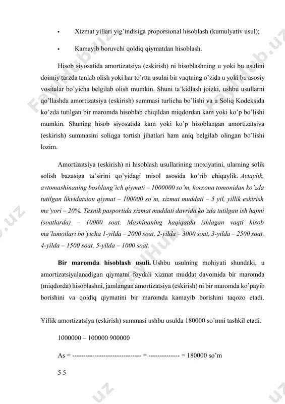 izatsiya (eskirish) summasi topib olinadi. bizning misolimizda u 90 so’mga teng (900000 : 10000 = 90). avtomobilning xizmat muddati yillarida haqiqatda bajargan ish hajmiga proporsionlal hisoblanadigan, jamlangan amortizatsiya (eskirish) summasi, shuningdek qoldiq qiymat qo’yidagicha bo’ladi: yil-lar boshlan-g’ich qiymat amorti-zatsiyala-nadigan qiymat ish hajmi, soat amorti-zatsiya me’yori, so’m yillik amorti-zatsiya jamlan-gan amorti-zatsiya qoldiq qiymat 1 1000000 900000 2000 90 180000 180000 820000 2 1000000 900000 3000 90 270000 450000 550000 3 1000000 900000 2500 90 225000 675000 325000 4 1000000 900000 1500 90 135000 810000 190000 5 1000000 900000 1000 90 90000 900000 100000 ushbu usulda ko’rinib turibdiki, yillik hisoblangan amortizatsiya (eskirish) summasi haqiqiy bajarilgan ish hajmiga qarab turlicha bo’lgan. 1-yilda hisoblangan amortizatsiya (eskirish) summasi soliq kodeksida belgilangan me’yorga mos keladi va u soliq solish bazasiga qayta kirmaydi. 2-yilda me’yordagidan 90000 so’m (270000-180000) ortiqcha amortizatsiya (eskirish) hisoblangan. ushbu summa ikkinchi yil soliq hisob-kitoblarida foyda solig’ini hisoblash bazasiga qayta qo’shiladi.3-yilda me’yordagidan 45000 so’m …