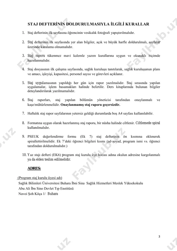 ltü, havasızlık, hijyenik koşullar vb.) çalışma koşullarının uygunluğu (sürekli ayakta/oturarak, dar/geniş, kapalı/açık mekan, düzensiz çalışma saatleri, molalar vb.) çalışanlara sunulan sosyal imkanların yeterliliği çalışırken kullanılan araç-gereç ve sistemlerin yeterliliği üstlerin, astlarının gelişimine verdikleri destek çalışanlar arası iletişim staj raporu ……/..…./..…… tarihinden ……/..…./…..… tarihine kadar tarih gün yapılan i̇şler çalışılan süre (saat) …./…./…….. …./…./…….. …./…./…….. …./…./…….. …./…./…….. toplam süre (saat) öğrencinin kontrol edenin çalıştığı bölüm adı, soyadı, unvanı i̇mzası i̇mza, kaşe/mühür 7 ……/..…./..…… tarihinden ……/..…./…..… tarihine kadar tarih gün yapılan i̇şler çalışılan süre (saat) …./…./…….. …./…./…….. …./…./…….. …./…./…….. …./…./…….. toplam süre (saat) öğrencinin kontrol edenin çalıştığı bölüm adı, soyadı, unvanı i̇mzası i̇mza, kaşe/mühür 8 ……/..…./..…… tarihinden ……/..…./…..… tarihine kadar tarih gün yapılan i̇şler çalışılan süre (saat) …./…./…….. …./…./…….. …./…./…….. …./…./…….. …./…./…….. toplam süre (saat) öğrencinin kontrol edenin çalıştığı bölüm adı, soyadı, unvanı i̇mzası i̇mza, kaşe/mühür 9 ……/..…./..…… tarihinden ……/..…./…..… tarihine kadar bir haftalık çalışma tarih gün yapılan i̇şler çalışılan süre (saat) …