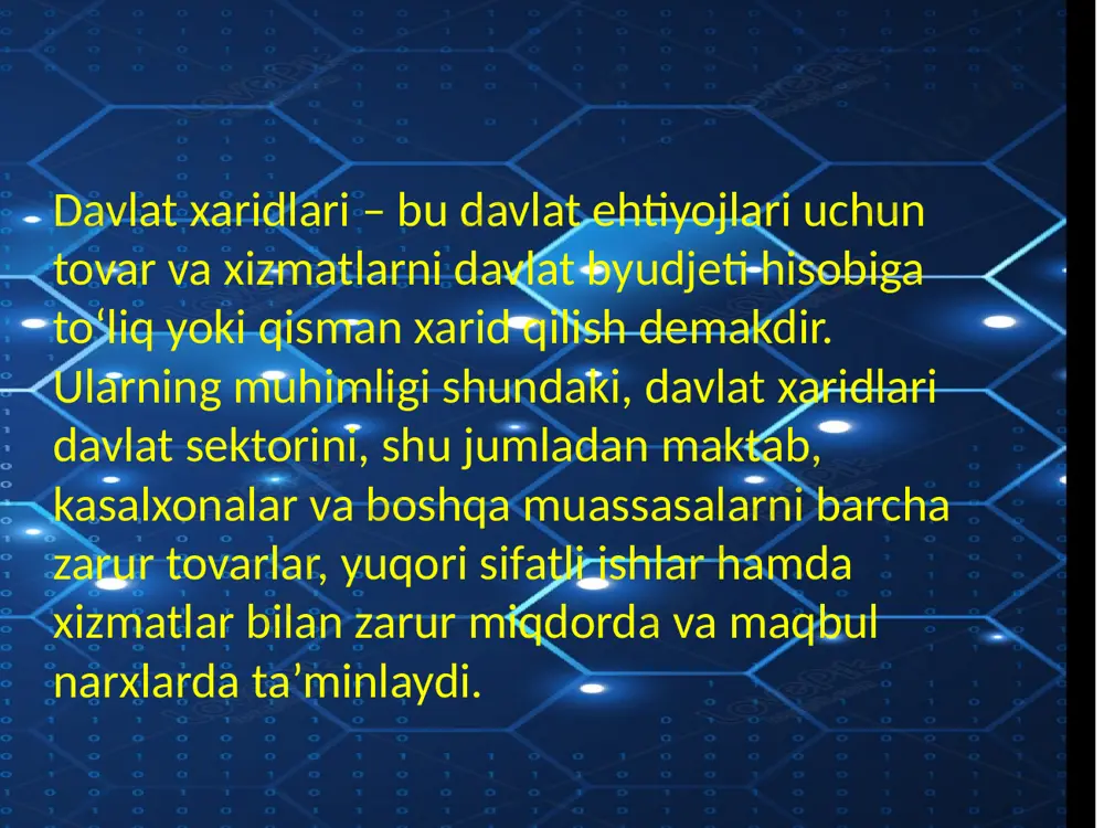 avjud bo‘lmagan hollar mustasno .zarur bo‘lganda davlat buyurtmachisi tomonidan tovarlarning (ishlarning, xizmatlarning) kafolat muddatiga va (yoki) ularning sifatiga beriladigan kafolatlar hajmiga, tovarga kafolat xizmati ko‘rsatishga, tovardan foydalanish xarajatlariga, tovarni montaj qilish va sozlashning majburiyligiga, tovardan foydalanuvchi va unga xizmat ko‘rsatuvchi shaxslarni o‘qitishga doir talablar belgilanadi. .xarid qilish talab-taomillarini amalga oshirishda davlat buyurtmachisining davlat xaridlari elektron tizimining operatori bilan va davlat xaridlari elektron tizimi operatorining ishtirokchi bilan, shuningdek davlat buyurtmachisining g‘olib aniqlanguniga qadar ishtirokchilar bilan muzokaralar olib borishiga yo‘l qo‘yilmaydi.xarid komissiyasi ishtirokchilarga nisbatan takliflarning garov, kafolat, zakalat tarzida yoxud qonunchilikda nazarda tutilgan boshqa usulda ta’minlanishi zarurligi to‘g‘risidagi talabni belgilashga haqli. image1.jpeg image2.jpeg image3.jpeg image4.jpeg image5.jpeg image6.jpeg image7.jpeg image8.jpeg