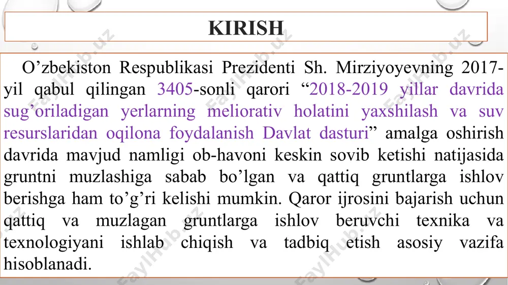 enin rsfsr xalq komissarlari sovetining ,, turkistonda sug’orish ishlari uchun 50 mln so’m ajratish va bu ishlarni tashkil etish to’g’risida ’’ ga dekreti yo’lga qo’yildi. dekretda quyidagilar ko’zda tutilgan edi. mirzacho’lda 500ming desyatina yerga suv chiqarish va 40 ming desyatina yerni egallab yotgan dalvarzin cho’lini irrigatsiya sestimasi bosh inshoatla lari bilan ta’minlash farg’gona oblastidagi uchqo’rgo’n dashtining 10 ming desyatina yerga suv chiqarish va shu yo’l bilan 20 ming desyatina maydonda sug’orish ihlarini tartibga solish suv oqimini tartibga solish yo’li bilan 100 ming desyatina yerni o’zlashtirib , paxta ekish uchun zarafshon daryosida suv ombori barpo qilish irrigsatsiya qurilishi tarixi turkistonda milliy chegaralanish o’tkazilib 1924 yilda o’zbekiston sovet sotsialistik respublikasi tuzilgandan keyin irrigatsiya ishlalari ayniqsa kuchaytirildi . 1925 – 1927 yillarda o’zbekistonda qishloqlardagi feodal munosabatlar qoldig’ini tugatish maqsadida yer –suv islohati o’tkazildi . irrigsatsiya qurilishi tarixi 1928- yilga kelib , sug’oriladigan maydonlarning hajmi urushdan ilgari sug’oriladigan maydonlarning hajmiga tenglashdi, bu vaqtda sug’oriladigan …