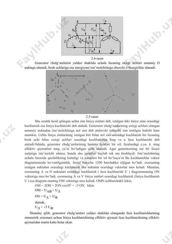 zanjirlarda e. yu. k. lar bir xil, ya’ni bir xil amplitudaga va fazasi jihatidan 1/3 davrga siljigan bo‘ladi. generator statori chulg‘amlarining ayrim juft qisqichlariga liniya simlari orqali iste’molchilar ulangan va ular o‘zaro boglanmagan uch fazali sistemaga ega bulishi mumkin. 2.4-rasm generator chulg‘amlarini yulduz shaklida uchala fazaning oxirgi uchlari umumiy o nuktaga ulanadi, bosh uchlariga esa energiyani iste’molchilarga eltuvchi o‘tkazgichlar ulanadi. 2.5-rasm shu usulda hosil qilingan uchta sim liniya simlari deb, istalgan ikki liniya simi orasidagi kuchlanish esa liniya kuchlanishi deb ataladi. generator chulg‘amlarining oxirgi uchlari ulangan umumiy nuktadan iste’molchilarga nol sim deb ataluvchi turtinchi sim tortilgan bulishi ham mumkin. uchta liniya simlarining istalgan biri bilan nol sim orasidagi kuchlanish bir fazaning bosh uchi bilan oxirgi uchlari orasidagi kuchlanishga teng va u faza kuchlanishi deb ataladi.odatda, generator chulg‘amlarining hamma fazalari bir xil, fazalardagi e.yu. k. ning effektiv qiymatlari teng, ya’ni bo‘ladigan qilib ulanadi. agar generatorning xar bir fazasi zanjiriga iste’molchi ulansa, …