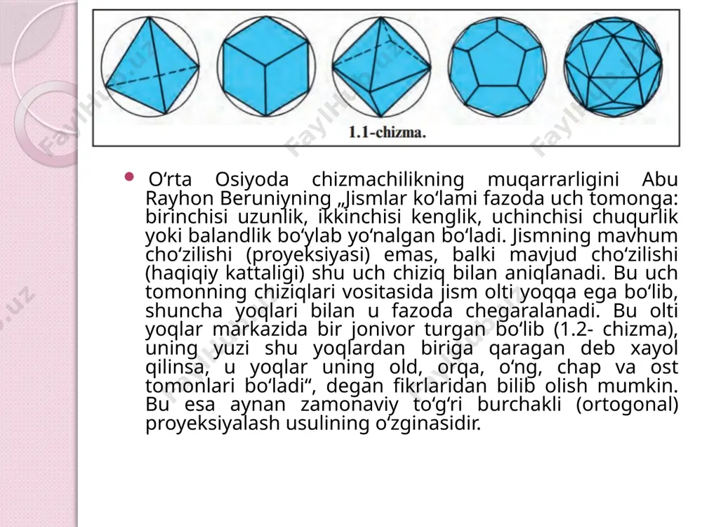 ni o‘z ichiga olgan bo‘lib, narsa va har xil egri chiziqlar majmuasining chizmasi bitta proyeksiyada bajariladi. gorizontal chiziqlar o‘tkazish. gorizontal to‘g‘ri chiziqlar hamma vaqt gorizont (ufq) chizig‘iga parallel olinadi. shuning uchun ham gorizontal chiziq chizmada chizma qog‘ozining yotiq tomoniga parallel o‘tkaziladi. gorizontal chiziqlar chapdan o‘ngga qarab chiziladi. o‘zaro parallel gorizontal chiziqlar chizishning eng qulay usuli ikkita uchburchaklik yoki chizg‘ich va uchburchaklik yordamida chizishdir (6.1-chizma). ikkita uchburchaklik yordamida parallel chiziqlar chizilganda ularning bittasi yo‘naltiruvchi qilib olinadi, u qo‘zg‘alib ketmasligi uchun uni chap qo‘l bilan bosib turiladi. ikkinchisi yo‘naltiruvchi uchburchaklik qirrasiga surib chiziladi. vertikal chiziqlar chizish. vertikal chiziqlar gorizont (ufq) chizig‘iga perpendikular o‘tkaziladi. yerda tik turgan narsalar, odatda, vertikal turgan narsalar deyiladi. shunga ko‘ra, bunday chiziqlar vertikal chiziqlar deb ataladi. chizmada vertikal chiziqlar chizma qog‘ozining tik yon tomonlariga parallel yoki gorizontal chiziqlarga perpendikular qilib o‘tkaziladi. vertikal chiziqlar pastdan yuqoriga qarab chiziladi. vertikal parallel chiziqlar chizishning eng qulay usuli chizg‘ich va uchburchaklikdan yoki …