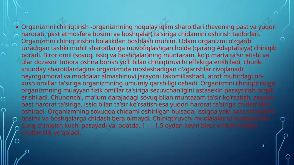 ishda jismoniy taʼsirlarga moslashuvning yomonlashishini va muolajalardan keyin fiziologik funksiyalarning birmuncha sekin tiklanishini hisobga olish lozim. hayotning barcha soha vakillari ishtirokida olib borilishi lozim. har bir yigit-qiz bu infeksiyaning tarqalish yoʻllari, uning oldini oladigan tadbirlardan xabardor boʻlishi va oʻzini undan ehtiyot qilishi kerak. 5 jismoniy mashqlardan keyin xoʻl sochiq bilan artinish, boshdan suv quyish yoki dushga tushish, yozda esa suv va havo temperaturasi kamida 20— 22° boʻlganda choʻmilish lozim. bolalarni chiniqtirish yosh avlodni sogʻlom qilib tarbiyalashga imkon beradigan asosiy profilaktik tadbirdir. bolalar sof havo yetishmasligiga juda sezuvchan boʻladi. uzoq muddatgacha yaxshi shimollatilmaydigan xonalarda boʻlgan bolalar lanj, injiq boʻladi. uyqusi buziladi, ishtahasi boʻlmaydi, boshi ogʻriydi, koʻngli aynib turadi, kamqonlik roʻy beradi. goʻdak atrof muhitning fizik omillariga asta-sekin moslashadi, chunki uning muhofaza reaksiyalari sust rivojlangan boʻladi. bolani qayotining birinchi kunlaridan boshlab ehtiyotlik bilan muntazam chiniqtira borish, lekin bunda uning aʼzo va sistemalari funksional jixatdan hali yetilmaganligini yoddan chiqarmaslik kerak. gipotrofiya, raxit, qaytalab …