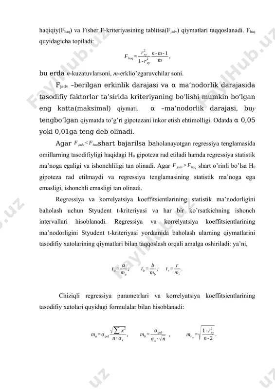 ’zgaruvchi y ning prognoz qiymati regressiyatenglamasigaerklio’zgaruvchi xr ning prognoz qiymatini qo’yib hisoblanadi. prognoz qiymatning aniqligini hisoblash uchun prognozning o’rtacha standart hatoligi hisoblanadi. prognozning ishonch oralig’i quyidagicha aniqlaniladi: bu erda 2-savol. regressiya va korrelyatsiya koeffitsientlarining statistik ma’nodorligini baholash uchun styudent t-kriteriyasi va har bir ko’rsatkichning ishonch intervallari hisoblanadi. regressiya va korrelyatsiya koeffitsientlarining ma’nodorligini styudent t-kriteriyasi yordamida baholash ularning qiymatlarini tasodifiy xatolarining qiymatlari bilan taqqoslash orqali amalga oshiriladi: ya’ni, chiziqli regressiya parametrlari va korrelyatsiya koeffitsientlarining tasodifiy xatolari quyidagi formulalar bilan hisoblanadi: t-statistikada jadval(tjadv ) va haqiqiy( thaq ) qiymatlarni taqqoslab h0 gipotezani qabul qilinadi yoki rad etiladi. fisher f-kriteriyasi va styudent t-kriteriyasi orasidagi bog’lanish quyidagicha ifodalanadi: agar shart bajarilsa h0 gipoteza rad etiladi, ya’ni a, bva rxy noldan tasodifiy farq qilmaydi va ular x omilning tizimli ta’sirida yuzaga kelgan. agar shart o’rinli bo’lsa, u holda h0 gipoteza rad etilmaydi va a, bva rxy lar tasodifiyligi tan olinadi. har bir parametr shonch oralig’ini …