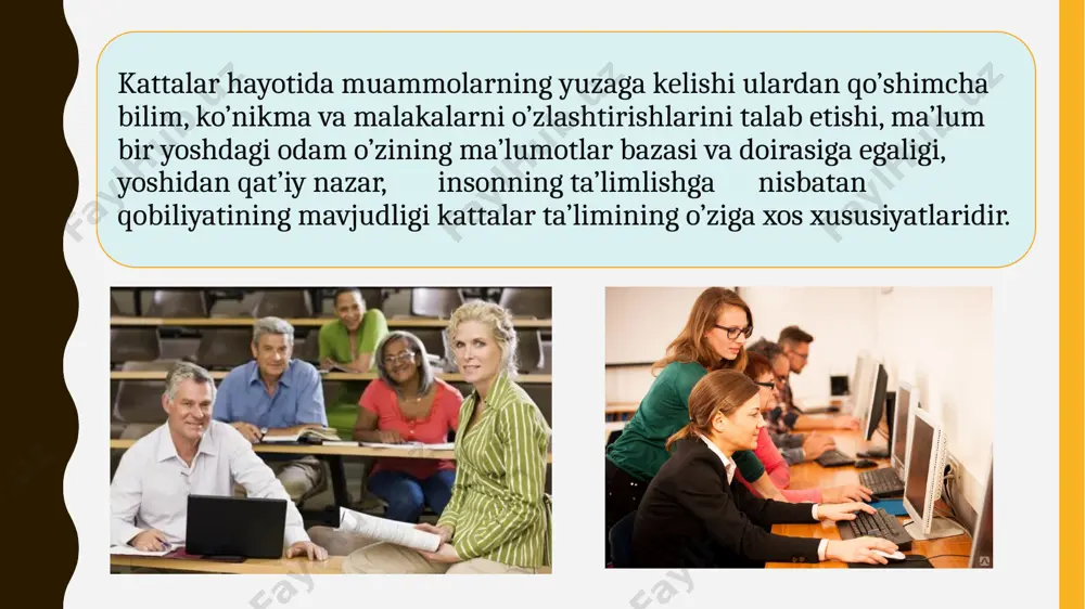 larni o’rnata olishi, androgogik ta’lim texnologiyalari va o’qitish shakllarini bilishi, mashg’ulotlar davomida umumiy va shaxsga yo’naltirilgan qoidalarni ishlab chiqa bilishi haqida ham o’z tavsiyalarini berishi juda muhim. mazkur jarayonda professor o’qituvchi: - o’quv jarayonini to’g’ri tashkil eta bilishi; - androgogik bilimlarga ega bo’lishi; - zamovaniy ta’lim texnologiyalarini bilishi; - muloqotchanlik xususiyatiga ega bo’lishi lozim. bularning barchasi malaka oshirish jarayonini to’g’ri boshqarishda asos bo’la oladi. vi. andragogning ta’lim jarayonini to’g’ri va oqilona boshqara olishi ham o’qituvchi shaxsi kamolotida nihoyatda ahamiyatli. o’quv jarayonini boshqarishning bir necha funktsiyalari mavjud. bu borada andragog boshqarishning funktsiyalarini yaxshi bilishi va bu funktsiyalarni amalga oshirishi lozim. bu funktsiyalar quyidagilardan iborat: birinchi funktsiya: tashkiliy funktsiya bo’lib, u o’z ichiga o’quv jarayonini to’g’ri tashkil etishni va buning uchun zarur bo’lgan shart-sharoitlarning yaratilishini oladi. ikkinchi funktsiya: bevosita o’qituvchining qiziqishi va talablarini qondirishga yo’naltirilgan holdagi ijtimoiy funktsiyadir. shuningdek, bu funktsiya o’qituvchilardagi ko’tarinkilik, yaxshi kayfiyat va o’quv jarayonidagi ishchanlikni yuzaga keltirishni o’z …