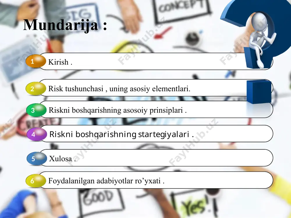 ilish; risklarni minimallashtirish va bartaraf etish bo'yicha zarur boshqaruv strategiyasini ishlab chiqish va qaror qabul qilish; ishlab chiqilgan tadbirlarni amalga oshirish uchun zarur bo'lgan shart-sharoitlarni yaratish; riskli vaziyatlarni boshqarish tizimining ishlashini monitoring qilish; olingan natijalarni tahlil qilish va nazorat qilish. korxonalarda risklarni boshqarish tizimini joriy etish quyidagi imkoniyatlarni yaratadi: xatarlarni boshqarish tizimida boshqaruv obyekti-bu xavfni amalga oshirish jarayonida xo'jalik yurituvchi sub'ektlar o'rtasidagi moliyaviy munosabatlar natijalari(hamkorlar, raqobatchilar, qarz oluvchi va kreditorlar o'rtasidagi munosabatlar, sug'urta qildiruvchi va sug'urtalovchi va boshqalar). moliyaviy risklarni boshqarish tizimidagi boshqaruv subyekti turli usullar va usullar orqali boshqaruv ob'ektiga maqsadli ta'sir ko'rsatadigan maxsus guruh (tadbirkor, moliyaviy menejer, risk menejeri, sug'urta mutaxassislari va boshqalar). 1 2 3 faol yondashuv menejerning maksimal darajada risk ta'sirini kamaytirish uchun risklarni boshqarishdan foydalanishni anglatadi. ushbu yondashuvda barcha iqtisodiy operatsiyalar mumkin bo'lgan moliyaviy yo'qotishlarning oldini olish bo'yicha chora-tadbirlardan so'ng amalga oshiriladi. adaptiv yondashuv boshqaruvning mavjud sharoitlarini boshqarish jarayonida hisobga olinadi va risklarni boshqarish iqtisodiy …