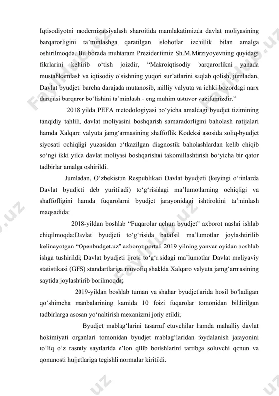 kodeksida soliqlarni ortiqcha undirganlik uchun davlat soliq xizmati organlarining javobgarligi kuchaytirildi, zamonaviy usullarni qo‘llagan holda xorijiy amaliyotda sinalgan soliq nazorati shakllari joriy etildi, shuningdek, soliqlarni hisoblash va to‘lash tartiblari soddalashtirildi. shu bilan birga, o‘tkazilgan tahlil natijalari davlat moliyasini boshqarish tizimida mamlakatning o‘rta va uzoq muddatli byudjet loyihalarini rejalashtirish bo‘yicha qo‘yilgan maqsadlarga erishish borasida qilinadigan ishlar ko‘pligini ko‘rsatdi. 1.moliyaviy rejalashtirishni nazariy asoslari har qanday iqtisodiy jarayonlarni boshqarish tizimining asosiy bosqichlaridan biri rejalashtirishdir. iqtisodiy adabiyotlarda, umumiy shaklda rejalashtirish istiqbolga yo‘naltirilgan qarorlarni qabul qilish bo‘yicha faoliyat deb talqin qilinadi. “rejalashtirish” tushunchasining ma’no-mazmunini yanada umumiyroq bo‘lgan va xo‘jalik yurituvchi subyektlar faoliyatini muvofiqlashtirishning obyektiv zarurligi va imkoniyatini anglatuvchi “rejalilik” orqali aniqlash mumkin. haqiqatdan ham rejalashtirish amaliyotda rejalilikni amalga oshirishni, ya’ni balanslilik (muvozanat) va proporsionallilikka (mutanosiblikka) erishish bo‘yicha ongli faoliyatni bildiradi. shu ma’noda, moliyaviy resurslarning balansliligini (muvozanatini) va proporsionalliligini (mutanosibligini) ta’minlashga qaratilgan faoliyatga moliyaviy rejalashtirish deyiladi. bunda balanslilik (muvozanat) davlatning ixtiyorida bo‘lgan moliyaviy resurslar va xo‘jalik …