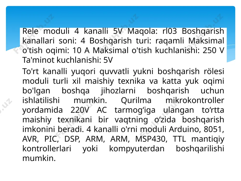 ishlatiladi. hc-05da bluetooth ulanganmi yoki yo'qmi, ulanish holatini ko'rsatadigan qizil led mavjud. hc-05 moduliga ulanishdan oldin bu qizil led davriy ravishda doimiy ravishda miltillaydi. u har qanday boshqa bluetooth qurilmasiga ulanganda, uning miltillashi ikki soniyagacha sekinlashadi. ushbu modul 3.3v da ishlaydi. modul bortida 5 dan 3,3 v gacha bo'lgan regulyatorga ega bo'lgani uchun biz 5v kuchlanish kuchlanishini ham ulashimiz mumkin. hc-05 bluetooth moduli rx/tx uchun 3,3v darajasiga ega va mikrokontroller 3,3 v darajasini aniqlay oladi, shuning uchun hc-05 modulining uzatish darajasini o'zgartirish kerak emas. ammo biz uzatish kuchlanish darajasini mikrokontrollerdan hc-05 modulining rx ga o'tkazishimiz kerak. hc-05 modulining ma'lumotlarni uzatish tezligi 1 mbit / s gacha o'zgarishi mumkin, 10 metr oralig'ida. bluetooth rele moduli —samarali usulda elektr qurilmalarini masofadan boshqarish uchun foydalaniladigan tizimdir. u uy avtomatizatsiyasi, robototexnika va boshqa ko'plab ilovalarda foydalanishga yaroqlidir. bluetooth yordamida rele qurilmasini boshqarish mavzusiga oid xulosa quyidagicha bo‘lishi mumkin:bluetooth texnologiyasidan foydalangan holda rele qurilmasini boshqarish …