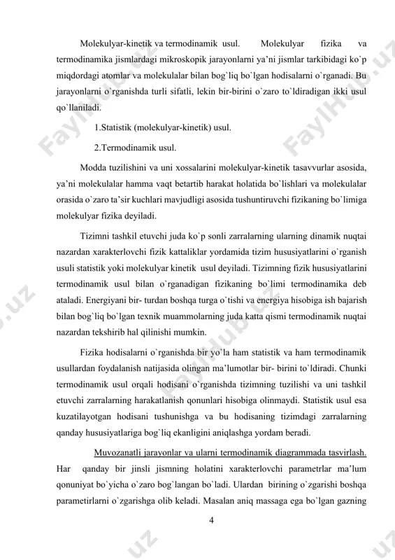 adigan gaz ideal gaz deyiladi. gazni tashkil etuvchi molekulalarning hususiy xajmlarini e’tiborga olmaslik va molekulalar orasidagi masofadan qat’iy nazar molekulalar o`zaro mutloq ta’sirlashmaydi deb hisoblanadigan ideal gaz deb ataladi. boyl-moriat va sharl tenglamalarini birlashtirib ideal gaz holatini tenglamasini topish mumkin. pv= m rt/m (9) bunda m-gazning molyar massasi. (9) ifoda m massali ideal gazning holat tenglamasi bo`lib uni oddatda mendeleev-klapeyron tenglamasi deb ham ataladi. molekulyar-kinetik nazariyaning asosiy tenglamasi. ideal gaz quyidagi shartlarga bo`ysunadi: 1.gaz elastik shartlarga o`xshagan va tartibsiz harakatlanuvchi molekulalardan iborat. 2.molekulalar orasidagi kuchlar faqat ular bir-biriga urilgandagina ta’sir qiladi. 3.molekulalarning o`lchamlari molekulalar orasidagi o`rtacha masofaga nisbatan nazarga olmasa bo`ladigan darajada kichik. tartibsiz harakatlanayotgan gaz molekulalari idish devoriga ma’lum kuch bilan uriladi. birlik yuzaga kelib urilgan molekulalarning ta’sir kuchlari yig`indisi bosimni hosil qiladi. bu bosimni ifodalovchi tenglamaga gazlar kinetik nazariyasining asosiy tenglamasi deyiladi. bu tenglamani keltirib chiqarish uchun qirralari bo`lgan kub shaklidagi idishi olamiz. uning ichida bir hil m …