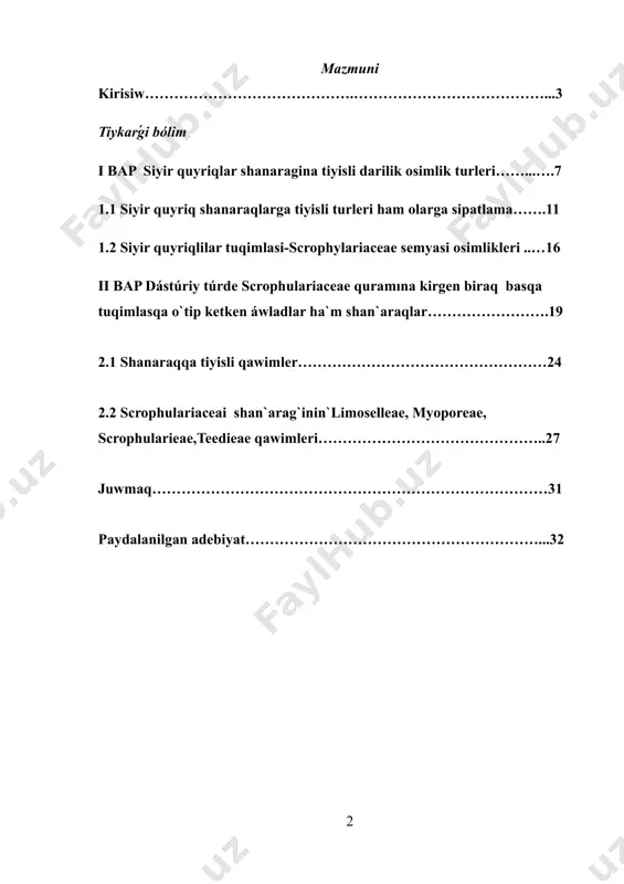 legen molekulyar filogeniyalar dástúriy keń xarakteristika júdá polifiletik ekenligin kórsetdi.jaqında kóplegen áwladlar lamiales ishindegi basqa shańaraqlarǵa, atap aytqanda plantaginaceae hám orobanchaceae, sonıń menen birge, bir neshe jańa shańaraqlarǵa kóshirilgen. lamialesning bir neshe shańaraqları scrophulariacae sensu latodan kóshirilgen áwladlarǵa iykemlesiw ushın shegaraların keńeytirdi.fischer (2004) shańaraqtı ush kishi shańaraqtan ibarat dep esapladı - antirrhinoideae, gratioloideae hám digitalidoideae. ol taǵı gratioloideae-ni bes qáwimge ajratdi - gratioleae, angeloniaeae, stemodeae, limoselleae hám lindernieae. keyin ol gratioleae di óziniń 16 áwladı (hám shama menen 182 tur) menen ush genje - caprarinae, dopatrinae hám gratiolinae ga ajratdi. gratiolinae suptropik hám tropik amerika boylap tarqalǵan 10 áwladqa (shama menen 121 tur) iye edi - bacopa hám mecardonia (burınǵı herpestis), amphianthus, gratiola, sophronanthe, benjaminia, scoparia, boelkea, maeviella hám braunblequetia. olardıń kóbisi plantaginaceae shańaraǵına, gratioleae qáwimine kóshirilgen. lamiales gruppası (jalpızlar gruppası dep da ataladı ) qos dánem gulli ósimlikler toparına tiyisli. ol shama menen 23 810 tur, 1 059 áwladtı …