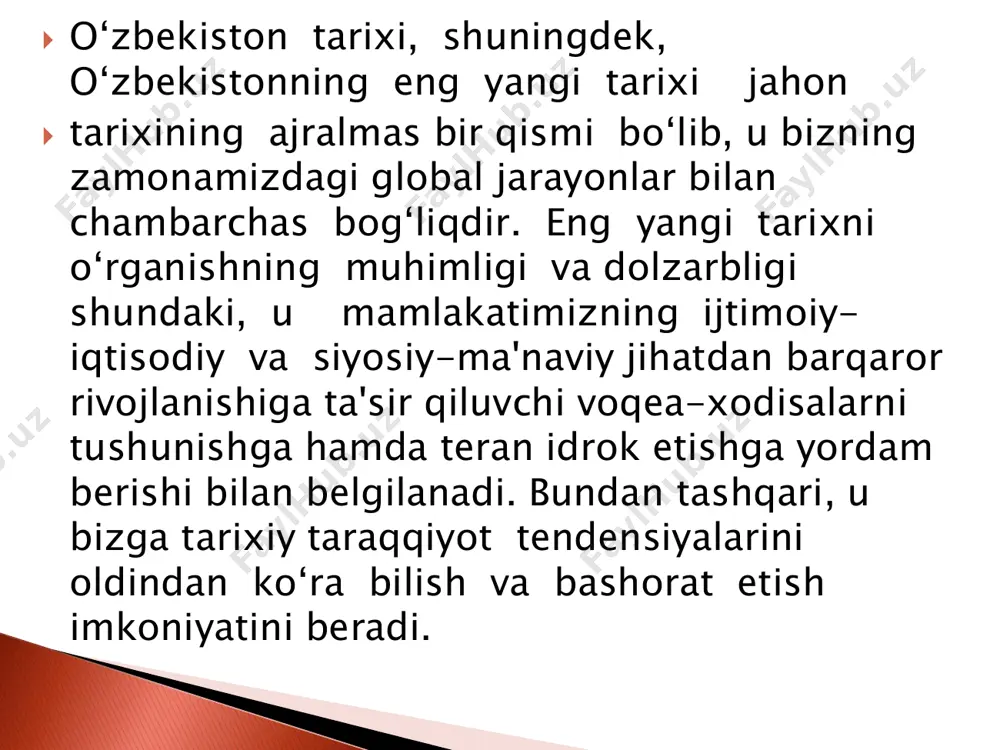 hiyatlarini yuksaltirish ajdodlar an’analariga sadoqat, milliy o‘zlikni anglashga o‘rgatish asosiy maqsad qilib belgilanadi. o‘zbekiston tarixi fani jahondagi ilg‘or, taraqqiyparvar, demokratik kuchlar hamda davlatlarning tajriba-larini umumlashtirish asosida xalqimizda yangicha ijtimoiy- siyosiy dunyoqarash madaniyatini shakllantirish, taraqqiyotning umum e’tirof etilgan tamoyillariga asoslangan yo‘llarini to‘g‘ri belgilab olishga ko‘maklashish, o‘tmish xatolarini takrorlamaslik, ulardan zarur saboqlar chiqarish, taraqqiyotga, millat kelajagiga xavf soluvchi asosiy omillarni oldindan ko‘ra olish va ularni o‘z vaqtida bartaraf etish, qo‘shni va dunyo xalqlari bilan hamjihatlikda, tinch totuv yashashini ta’minlash . fanning maqsad va vazifalari maqsadi vazifalari o‘zbekistonning eng yangi tarixi haqida so‘z yuritilganda, biz uchun, avvalo, mamlakatimizning 1991 yildan keyin bosib o‘tgan tarixiy yo‘li mohiyati va mazmunini anglab yetish muhimdir. bu jarayon qanday borganligini, mamlakatimiz mustaqillik arafasida va uning dastlabki yillarida qanday muammolarga duch kelganini tushunib yetish muhim. o‘zbekistonning eng yangi tarixini tizimli, haqqoniy va xolis tarzda o‘rganishni tashkil etish, yangi avlod ilmiy va o‘quv-uslubiy adabiyotlarni yaratish hamda mamlakatimizning dunyodagi o‘rni va …