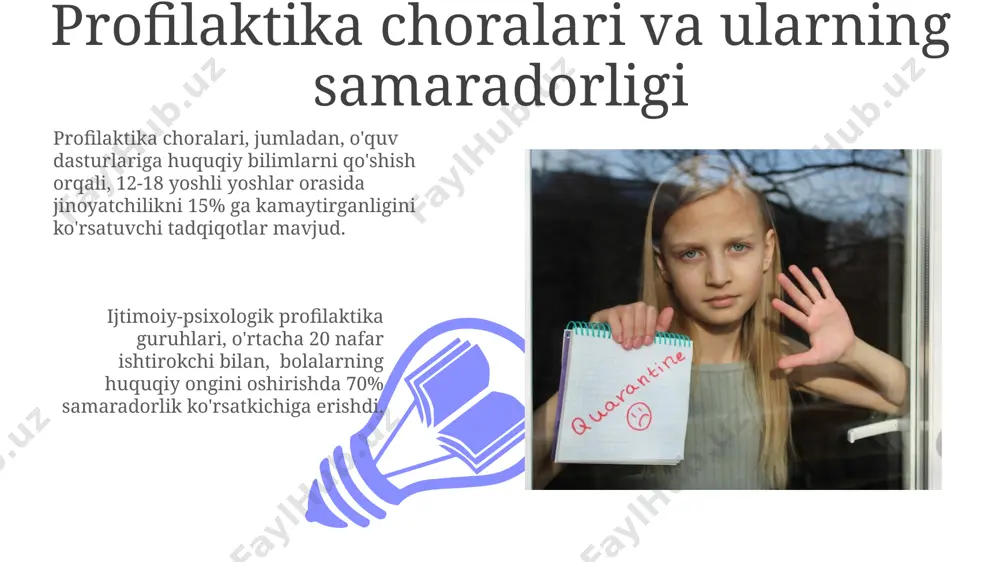 qo'shilishiga sabab bo'ladi. ommaviy axborot vositalarining ta'siri bolalar va o'smirlar ommaviy axborot vositalarining ta'siriga juda moyil bo'lib, ularning shaxsiy rivojlanishiga salbiy ta'sir ko'rsatadigan 30% dan ortiq ma'lumotlarni qabul qiladilar. ommmaviy axborot vositalarida, ayniqsa, ijtimoiy tarmoqlarda, zo'ravonlik va jinoyatchilikni targ'ib qiluvchi kontentning 70% dan ortig'i yoshlar o'rtasida taqlid qilish holatlariga sabab bo'ladi. davlat organlarining vazifalari davlat organlari, jumladan, prokuratura va sudlar, voyaga yetmaganlar o‘rtasida sodir etilgan jinoyatlar bo‘yicha 15 yoshgacha bo‘lgan bolalarga nisbatan maxsus tartib-qoidalarni qo‘llashga majbur. jinoyatlarning oldini olish bo‘yicha davlat dasturlarining samaradorligini baholashda, kamida 20% voyaga yetmaganlar orasida jinoyatning kamayishi kuzatilishi kerak. voyaga yetmaganlarning huquqiy javobgarligi 01 02 voyaga yetmaganlarning jinoyat sodir etishda javobgarligi, 14 yoshgacha bo‘lganlar uchun jinoiy javobgarlik belgilanmaydi, ammo ularning harakatlari ma’muriy tartibda ko‘rib chiqilishi mumkin. sales 1st qtr 2nd qtr 100 0 sales 1st qtr 2nd qtr 100 0 kelajakdagi tadqiqotlar yo'nalishlari voyaga yetmaganlarning huquqiy normalarni anglash darajasini oʻrganish uchun kognitiv psixologiya usullaridan foydalangan holda, …