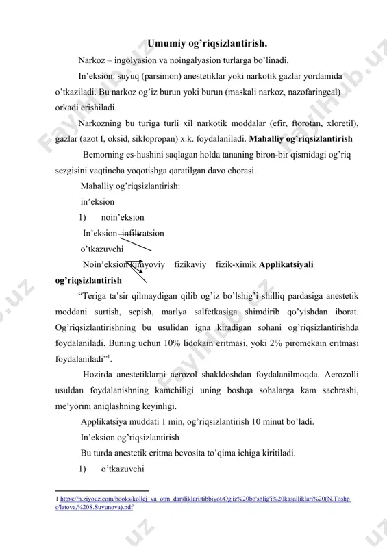 mozlanishga) olib keladi. ingalyasion narkoz niqoblar (og’iz-burun, burun) yordamida — maskali burun halqum naychalari (nazoforental) yoki kekirdak ichi naycha yordamida (kekirdakli-endotraxeal) o’tkaziladi. naycha kekirdakka naycha og’iz yoki burun yo’li orqali laringoskop yordamida kiritiladi. bu uslubda narkotik gazlar yuqori nafas yo’llariga taʼsir etmagan holda kekirdak va bronxlarga yetkaziladi. ayrim hollarda nay kekirdak operatsiya qilib ochilib (traxeostoma) kiritiladi. ingalyasion uslubdagi narkozning asosiy afzalligi oson boshqarilishi. noingalyasion narkoz uslublaridan stomatologiyada asosan vena ichiga yoki mushak orasiga (5% sombrovin, geksenal, tiopental-natriy, ketamin va boshqa dorilar) yuborib o’tkaziladi. bu uslubni o’tkazishda bitta anestetik (mononarkoz), ikki - uch anestetik birgalikda (kombinatsiyalashgan), yoki anestetiklar va bir vaqtda boshqa xil dorilar bilan o’tkaziladigan polinarkoz. yuz-jag’ sohasidagi katta hajmdagi operatsiyalar aralash (kombinatsiyalashtirilgan) endotraxeal narkozda amalga oshiriladi. endotraxeal narkozning xususiyatlari. endotraxeal narkoz stomatologik bemorlarda umumiy xirurgiya qanday o’tkazilsa shunday o’tkaziladi. ammo og’iz ichida bajariladigan yoki og’iz ochilmaydigan bemorlarda intubatsiya o’tkazilishda qiynchilik tugiladi. yana bir xususiyat operatsiya bajarayotganda og’iz ichidan kiritilgan …