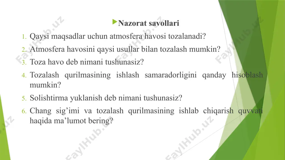 chi changlar yonuvchi changlar zarrachalarning o`lchamiga qarab, changlar 3 guruhga bo`linadi. ko`zga ro`rinuvchi changlar. bunday chang zarrachalarning o`lchami 10 mkm dan katta bo`lib, ular o`z oq`irligi bilan bemalol cho`ka oladi. miqroskopik changlar. ularning o`lchami 0,25 - 10,0 mkm atrofida bo`lib, yerga asta-sekinlik bilan cho`kishi mumkin. ultramiqroskopik changlar. o`lchami 0,25 mkm dan kichik bo`lgan bu changlar havoda muallaq turadi va ularni tlektron miqroskoplar yordamida ko`rish mumkin. o`lcfmi 10 mkm dan kichik dispers sistemalarga, ayerozollar deb ataladi. chang va ayerozollarning o`lchami qancha kichik bo`lsa, ular nafas olish yo`llari orqali organizmga tez singib boradi. chang zarrachalarining solishtirma yzalari kattaligi tufayli ular tez yonuvchan va portlash xususiyatiga ega. agar yuzasi 1 sm2 ga teng bo`lgan qattiq jismni yzalari 0,1 mkm2 ni tashkil etadigan kublarga bo`lsak, unda kublarning umumiy yon yuzalari 6 sm2 dan 60 m2 gacha bo`lishi mumkin. demak, chang zarrachalarining harakatlanishiga ularning o`lchami, massasi, zichligi va solishtirma yuzasi katta ta`sir ko`rsatadi. ishlab chiqarish …