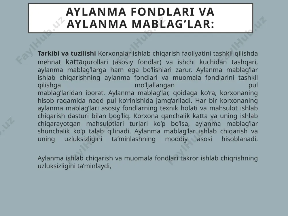 ning aylanma mablag’lari(kapitali)ni tashkil qiladi. ishlab chiqarishda band bo‘lgan aylanma mablag’lar kattaligini belgilovchi asosiy omillar ( bu, mahsulot tayyorlashning ishlab chiqarish tsikli o‘zunligi, mehnatni tashkil qilish, texnika va texnologiyaning rivojlanish darajasi, mehnat predmetlari va qurollaridan foydalanish normalaridir. aylanma mablag’lar kattaligi, shuningdek, mahsulotlarni sotish sharoitlari, ta’minot va mahsulotni sotish tizimini tashkil qilish darajasi bilan ham bog’liq bo‘ladi. 2. aylanma mablag’laridan oqilona foydalanish yuqorida keltirilgan holatlardan kelib chiqqan holda shuni aytish mumkinki, aylanma mablag’lardan quyidagi hollarda foydalaniladi: 1. xom ashyo, material, ehtiyot qismlar hamda ishlab chiqarishni tashkil qilishda zarur bo‘lgan boshqa mehnat predmetlari; 2. ishlab chiqarish jarayonida iste’mol qilinuvchi elektr energiyasi, yoqilg’i kabi resurslar uchun haq to‘lash; 3. korxonani tashkil etish va faoliyat yuritish davrida oylik ish haqi to‘lanishi; 4. soliq va boshqa majburiy to‘lovlarni to‘lash. bozor munosabatlari va deyarli barcha resurslar taqchilligi sharoitlarida aylanma mablag’lar, birinchi o‘rinda moddiy resurslardan ratsional foydalanish va ularni shakllantirish zahiralarini izlab topish har bir korxona oldida …