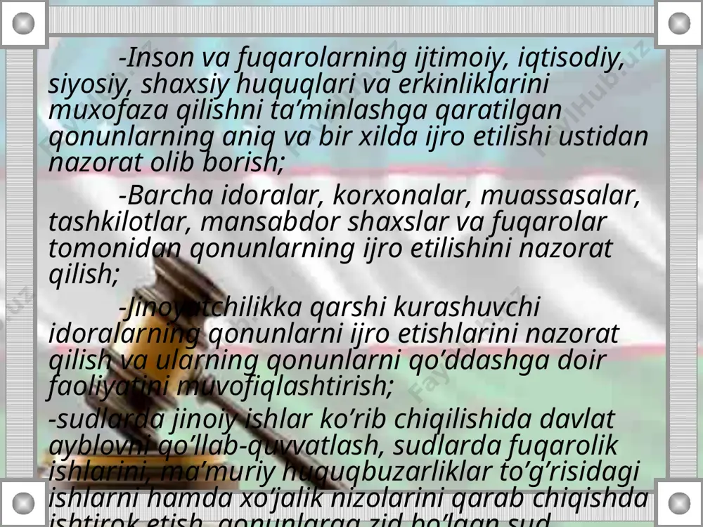 qanday shaklda bo’lmasin biron-bir ta’sir ko’rsatganlik qonunda belgilangan tartibda javobgarlikka sabab bo’ladi. o’zbekiston respublikasi prokuratura organlarining tizimi o’zbekiston respublikasi prokuraturasi, qoraqalpog’iston respublikasi prokuraturasi, viloyatlar, toshkent shahri, shaharlar va tumanlar, tumanlararo va boshqa xududiy prokuraturalardan iboratdir. unga, shuningdek, transport, xarbiy, tabiat muhofazasi prokuraturalari va boshqa ixtisoslashtirilgan prokuraturalar ham kiradi. o’zbekiston respublikasining “prokuratura to’g’risida”gi (yangi tahriri) qonunning 18-moddasiga muvofiq o’zbekiston respublikasi bosh prokuraturasi huzurida soliq va valyutaga oid jinoyatlarga qarshi kurashishi departamenti tashkil etildi. departamentga lavozimiga ko’ra o’zbekiston respublikasi bosh prokurorining o’rinbosariga tenglashtirilgan, o’zbekiston respublikasi prezidenti tomonidan lavozimga tayinlanadigan va lavozimidan ozod etiladigan departament boshlig’i rahbarlik qiladi. departamentni hamda uning joylardagi bo’linmalarini tashkil etish va ularning faoliyat ko’rsatish tarkibi qonun hujjatlarida belgilab qo’yiladi. o’zbekiston respublikasi bosh prokurori tomonidan viloyatlar va tumanlar prokuraturalariga tenglashtirilgan boshqa prokuraturalar, tuman prokuraturalariga ega bo’lgan shaharlarda esa, tuman prokuraturalari bo’ysunadigan shahar prokuraturalari tuzilishi mumkin. o’zbekiston respublikasi bosh prokurori tomonidan tuziladigan transport, tabiat muhofazasi prokuraturalari, boshqa ixtisoslashtirilgan prokuraturalar viloyatlar, …