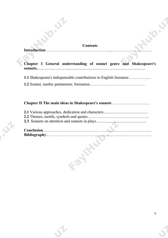 references. introduction affirms the actuality of the work, and clarifies the theoretical and practical significance of the topic. furthermore, the brief outline of the content can also be found in this part. two chapters are covered in the main part. chapter i named as “general understanding of sonnet genre and shakespeare's sonnets”. it encloses two paragraphs about the genre of sonnet and author’s literary works. the first paragraph in this chapter tells about shakespeare’s contributions to english literature during renaissance period. the second paragraph in this chapter explains the writing style of sonnets, its formation and introduces shakespeare’s sonnets. chapter ii entitled as “the main ideas in shakespeare's sonnets”. the first paragraph is about various interpretations, dedicatee and characters of sonnets. it states some exceptions to the rule among sonnets too. the second paragraph presents information about themes, motifs, symbols and quotes used in sonnets. the third one clarifies sonnets …
