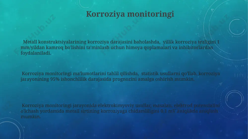 larning tarkibi metallarning tarkibida 30 dan ortiq kimyoviy elementlar uchraydi, ularning asosiy qismi temir, alyuminiy, mis va sink kabi metallardan iborat bo'lib, ularning xossalari qo'shimchalar miqdoriga bog'liq. metallarning tarkibiy tuzilishi ularning korroziyaga chidamliligini belgilaydi, masalan, kristall panjara tuzilishidagi nuqsonlar korroziya jarayonini tezlashtirishi mumkin. qotishmalar tarkibida turli miqdordagi (masalan, 0,5% dan 10% gacha) legirlovchi elementlar bo'lishi ularning mexanik xossalarini va korroziyaga chidamliligini sezilarli darajada o'zgartiradi. korroziya tadqiqotlarining amaliy ahamiyati neft va gaz sanoati kabi muhim tarmoqlarda korroziya nazorati texnologiyalarining qo‘llanilishi xavfsizlikni oshirib, 5-10% gacha ishlab chiqarish xarajatlarini tejash imkonini beradi. korroziya jarayonlarini chuqur o‘rganish yangi, korroziyaga chidamli metall qotishmalarini yaratishga, ya'ni 1000 dan ortiq turdagi yangi materiallarni ishlab chiqarishga olib keladi. korroziya tadqiqotlari natijasida yiliga milliardlab dollar iqtisodiy zararni kamaytirishga yordam beradi, chunki metall konstruktsiyalar va uskunalar xizmat muddatini 20-30% ga uzaytiradi. korroziya turlari kontakt korroziyasi ikki xil metallning elektrolit muhitda aloqada bo'lganda, potensiallar farqi tufayli sodir bo'ladi, bu reaksiya tezligi …