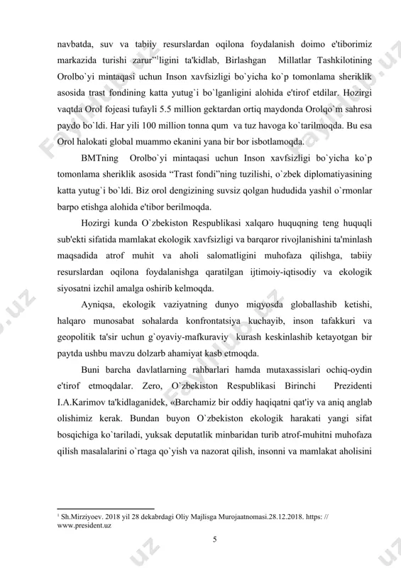 tadqiq etildi; - xalqaro ekologik-huquqiy javobgarlikni aniqlashtirish va milliy ekologik havfsizlikni ta'minlashda xalqaro ekologik-huquqiy javobgarlikni tizimining ta'sirini o`rganildi; - mamlakat ekologik xavfsizligi va barqaror rivojlanishini ta'minlash maqsadida atrof muhit va aholi salomatligini muhofaza qilishga, tabiiy rеsurslardan oqilona foydalanishga qaratilgan ijtimoiy-iqtisodiy va ekologik siyosatni amalga oshirishda olib borilayotgan chora va tadbirlarning amaliy natijalari o`rganildi. tadqiqot predmeti va obyekti: atrof tabiiy muhitni xalqaro-huquqiy muhofaza qilshning asosiy tamoyillari va manbalarini, xalqaro-huquqiy muhofaza qilishda xalqaro ekologik tashkilotlarning vazifalari va funutsiyalarini, xalqaro ekologik-huquqiy javobgarlikni aniqlashtirish va milliy ekologik havfsizlikni ta'minlashda xalqaro ekologik-huquqiy javobgarlikni tizimining ta'sirini o`rganish tadqiqotning prеdmеtini tashkil qiladi. tadqiqotning ob'еkti. atrof tabiiy muhitni xalqaro-huquqiy muhofaza qilshda davlatlarning hamkorligining ijtimoiy-falsafiy tahlili. tadqiqotning ilmiy va amaliy ahamiyati. malakaviy ishning ilmiy va amaliy ahamiyati mamlakatimizda amalga oshirilayotgan yangilanishlar jarayonida o`zbеkistonda milliy ekologik qonunchilikni rivojlantirish bilan bir qatorda atrof muhitni muhofaza qilish va tabiiy rеsurslardan oqilona foydalanish sohasidagi xalqaro va davlatlararo shartnomalar, bitimlarga qo`shilish va ularning bajarilishi …