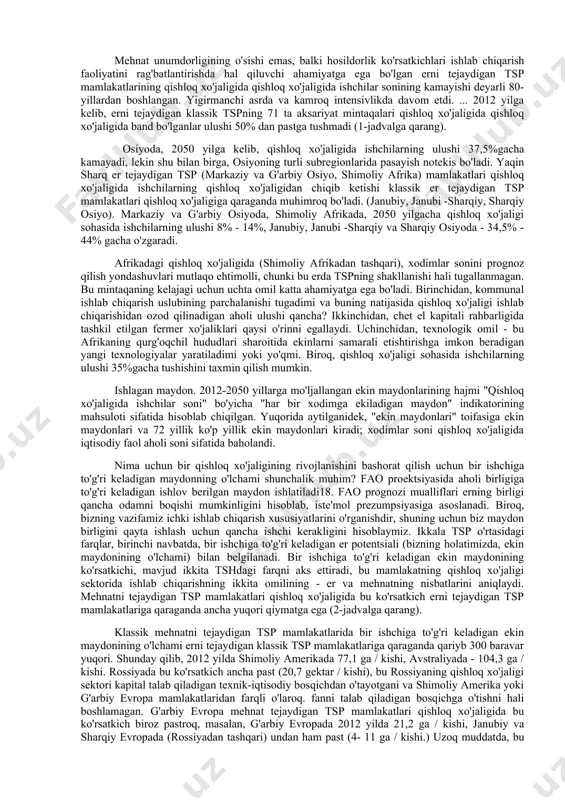 urli mintaqalarda bu jarayon tubdan farq qiladi (1 -jadvalga qarang). jadval 1 qishloq xo'jaligida iqtisodiy faol aholining ulushi,% 2012 yilgacha manba: faostat // fao statistika bo'limi 16.05.2014 http://faostat.fao.org eslatma: rossiya va markaziy osiyo uchun bundan keyin 1990 yil ustunida qishloq xo'jaligi barcha ishchilarning 10 foizidan kamrog'ini tashkil etdi. bu ishlab chiqarish usulining muhim xususiyatlari bilan izohlandi, bu erda qo'shimcha mahsulot ishlab chiqaruvchilarning mehnatini mexanizatsiyalashgan vositalar bilan almashtirish orqali mehnat unumdorligining o'sishi hisobiga yaratilgan. 2012 yilga kelib, qishloq xo'jaligida band bo'lganlarning ulushi shimoliy amerikada 1,5% ga, g'arbiy evropada esa 1,8% gacha tushdi. avstraliya va rossiyada bu ko'rsatkichlar biroz yuqoriroq edi - mos ravishda 3,8% va 7,6%. buni evolyutsiyaning ilmiy intensiv texnika-iqtisodiy bosqichiga o'tishning kechikishi bilan izohlash mumkin. shunday qilib, shimoliy amerika va g'arbiy evropa mamlakatlarining qishloq xo'jaligi zamonaviy davrda qishloq xo'jaligi ishlab chiqarishining ilmiy intensiv bosqichiga o'tishni allaqachon tugatgan, boshqa mamlakatlar esa hali bu o'tishni amalga oshirmagan. prognoz davrida (2020–2050) mehnatni …