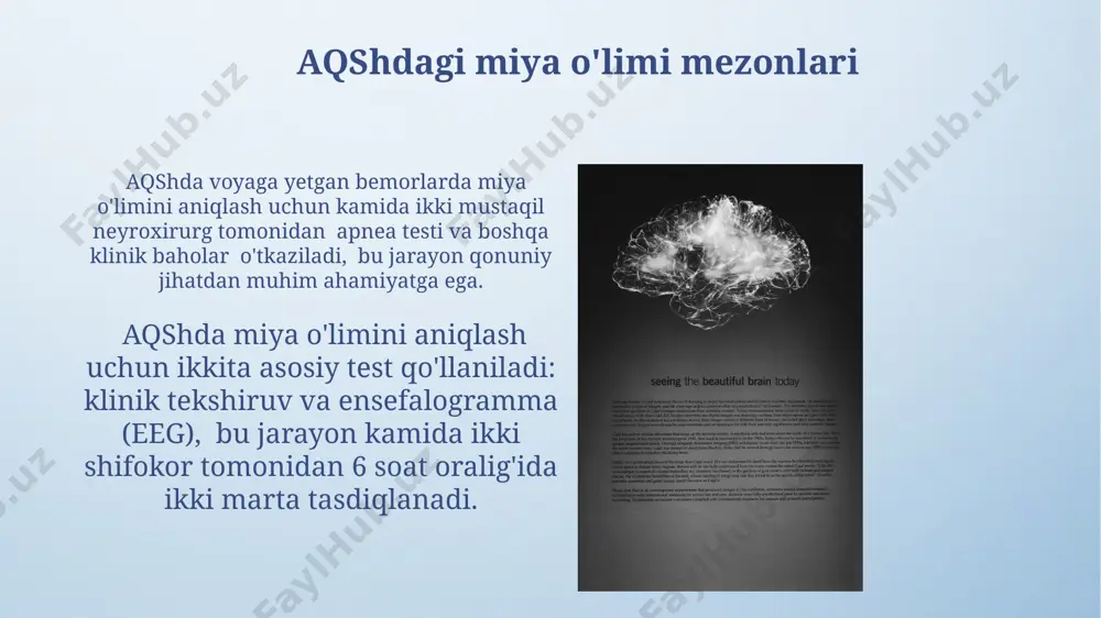 kki malakali shifokor tomonidan tasdiqlangan bo'lishi kerak, ularning biri intensiv terapiya yoki neyroxirurgiya bo'yicha mutaxassis bo'lishi mumkin. kanadada miya o'limini aniqlash uchun ikkita asosiy klinik tekshiruvdan o'tish shart: miya sopi reflekslarining yo'qligi va apneya testi (6-8 daqiqali gipoksiya tekshiruvi). germaniyadagi miya o'limi mezonlari miya o'limining asosiy mezonlari orasida uyqusizlik, reflekslarning yo'qligi, spontan nafas olishning yo'qligi va 6 soat davomida yoki undan ko'proq vaqt davomida miya faoliyatining to'liq yo'qligi mavjud. yoshga bog'liq bo'lmagan miya o'limini aniqlash uchun minimal tekshiruvlar ro'yxati mavjud bo'lib, bu ro'yxatda bir qator fiziologik parametrlarning yo'qligi va neyroimaging tadqiqotlarining ma'lumotlari ko'rsatilgan. braziliyadagi miya o'limi mezonlari miya o'limining asosiy mezonlari orasida spontan nafas olishning yo'qligi, koma holati va miya sopi reflekslarining yo'qligi mavjud bo'lib, bu holatlar 24 soat davomida kuzatiladi. braziliyada miya o'limini aniqlash uchun klinik tekshiruvlar kamida ikki tajribali shifokor tomonidan, 6 soat oralig'ida ikki marta takrorlanadi. e'tiboringiz uchun rahmat @taqdimot_robot image4.png image5.jpg image6.jpg image7.jpg image8.jpg image9.jpg image10.jpg …