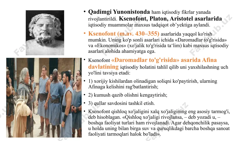 'lovchilardan ajralib qolishga olib keluvchi bunday jarayon davlatni zaiflashtirgan. jamiyatdagi erkin kishilarni sudxo'rlardan himoya qilish maqsadida (ularning mulkini himoya qilish, savdo, ijara va boshqa shartlarini qonuniy ravishda rasmiylashtirish) xususiy, huquqiy munosabatlarning davlat tomonidan tartibga solinishi zaruriyati kuchaydi. davlat bu vazifalarni qonunchilik yo'li bilan hal qilishga uringan. bu borada iqtisodiy fikrlar nuqtayi nazaridan eshnun podshohi qonunlari (m.av. xx asr.) va xammurapi qonunlari (m.av. xviii asr.) ancha diqqatga sazovor. 1. eshnun qonunlari matni asosiy mahsulotlarga qat‘iy baho o'rnatishdan boshlanadi: arpa (sotilishi kerak) 1 sikl (8,4g) kumushga …, 3 ka (1 ka 0,84 l. ga teng) birinchi sortli yog' (sotilishi kerak) 1 sikl kumushga, 2 ka kunjut yog'i (sotilishi kerak) 1 sikl kumushga …‖ va boshqalar ko'rsatilgan. birinchi navbatda, arpaning kumushda ifodalangan narxining ko'rsatilishi tasodifiy emas. qat‘iy narxning o'rnatilishi qonun tuzuvchilarga yollanma va ijara haqi darajasini, jarima miqdori, foiz me‘yorini, tarbiya uchun to'lov va boshqalarni aniqlash imkonini beradi. qonundagi asosiy narsa bobil fuqarolarining …