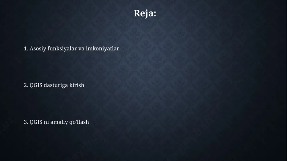 r qatlamlarini tahrirlashda 2d va 3d geometriyalarni, masalan, nuqta, chiziq va polygonlarni qoʻllab-quvvatlaydi, bu esa 1000 dan ortiq obyektlarni oʻz ichiga olgan murakkab xaritalarni yaratishga imkon beradi. asosiy interfeys va vositalar asboblar paneli qatlamlarni boshqarish, tahrirlash, tahlil qilish va geoprocessing operatsiyalarini bajarish uchun 50 dan ortiq vositalarni o'z ichiga oladi, masalan, bufer yaratish yoki poligonlarni kesish kabi. qgisning asosiy interfeysi 3 asosiy qismdan: menyu satri, asboblar paneli va xarita oynasidan iborat bo'lib, foydalanuvchiga 100 dan ortiq vektor va raster ma'lumotlar bilan ishlash imkonini beradi. geoprotsessing va tahlil qgis geoprotsessingi yordamida 100 dan ortiq vektor va raster ma’lumotlarini bir vaqtning o‘zida qayta ishlash va tahlil qilish mumkin, bu esa vaqtni sezilarli darajada tejash imkonini beradi. geostatistika vositalari yordamida 3d interpolatsiya va kriging kabi murakkab tahlillarni amalga oshirish orqali, noaniq ma’lumotlar to‘plamlaridan aniq natijalar olish mumkin. e'tiboringiz uchun rahmat @taqdimot_robot image2.jpg image3.jpg image4.jpg image5.jpg image6.jpg image7.jpg image8.jpg