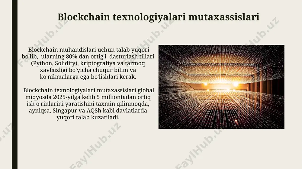 ochilishi rejalashtirilgan, bu sohada malakali mutaxassislarga talabning o'sishini ko'rsatadi. ma'lumotlar fanlari mutaxassislari ma'lumotlar fanlari mutaxassislari 2025-yilga borib dunyo bo'ylab 11,5 million ish o'rinini egallaydi, bu esa aqsh va xitoy kabi yirik mamlakatlarda yuqori talabni aks ettiradi. katta hajmdagi ma'lumotlar (big data)ni tahlil qilish bo'yicha mutaxassislarga 2030-yilga kelib yiliga o'rtacha 100,000 aqsh dollari miqdorida ish haqi taklif qilinishi kutilmoqda. biotexnologiya va genetika mutaxassislari биотехнология ва генетика мутахассислари 2050 йилга бориб, дунё бўйлаб 1,5 миллионга яқин иш ўрнини эгаллашлари ва генетик касалликларни даволашда катта ютуқларга эришишлари кутилмоқда. жанубий корея каби ривожланган мамлакатларда генетик инженерия соҳасидаги тадқиқотларга йилига 10 миллиард доллардан ортиқ маблағ ажратилиб, бу соҳадаги мутахассисларга катта талаб мавжуд. sun'iy intellekt va mashinani o'rgatish mutaxassislari sun'iy intellekt algoritmlarini ishlab chiqish va optimallashtirish uchun python, java, r va matlab kabi dasturlash tillarini bilish, shuningdek, katta ma'lumotlar (big data)ni tahlil qilish ko'nikmalari muhim hisoblanadi. mashinani o'rgatish sohasidagi mutaxassislar yillik o'rtacha 100,000 dollardan ortiq maosh …