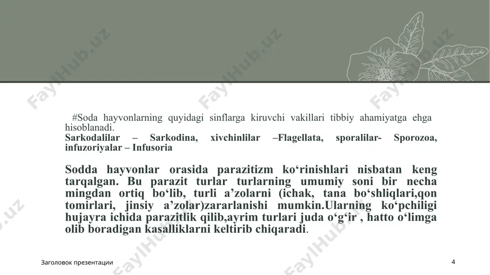 hmanioz bilan asosan bolalar kasallanadi. kasallarda harorat ko‘tariladi, kamqonlik kuzatiladi, jigar, taloq, limfa tugunlari kattalashadi. laboratoriya tashhisi. maxsus moslamalar yordamida to‘sh suyagidan yoki limfa bezlaridan punktat olib hujayralarni bo‘yab mikroskop ostida tekshirish orqali tashhis qo‘yiladi. profilaktikasi. shaxsiy choralar — iskabtopar chaqishidan saqlanish. jamoat choralari — odamlarni emlash, tashuvchilar, daydi itlar, kemiruvchilarni yo‘qotish. teri leyshmaniozida mustahkam immunitet hosil bo‘ladi. leyshmaniozlar tabiiy-manbali kasalliklar guruhiga kiradi. odam ishtirokisiz yow oyi tabiatda manbai bo‘lgan, odam borib qolganda yuqish mumkin bo‘lgan kasalliklarga tabiiy-manbali kasalliklar deyiladi. leyshmaniozlar yana antropozoonozlar guruhiga ham kiritiladi. odamda ham hayvonlarda ham uchraydigan kasalliklar shunday ataladi. заголовок презентации 14 e’tibor uchun tashakkur tibbiy biologiya va genetika fani o’qtuvchisi: giyosova sadokat norovna image16.png image3.png image1.png image2.svg image17.png image18.png image8.png image9.svg image4.png image5.svg image19.png image20.jpeg image6.png image7.svg image21.png image22.jpeg image23.jpeg image24.jpeg image12.png image13.svg image25.png image26.png .msftofcthm_background2_fill_v2 { fill:#e7e6e6; } .msftofcthm_accent1_lummod_60_lumoff_40_fill_v2 { fill:#b2b6af; } .msftofcthm_background2_fill_v2 { fill:#e7e6e6; } .msftofcthm_background2_fill_v2 { fill:#e7e6e6; } .msftofcthm_background2_fill_v2 { fill:#e7e6e6; …