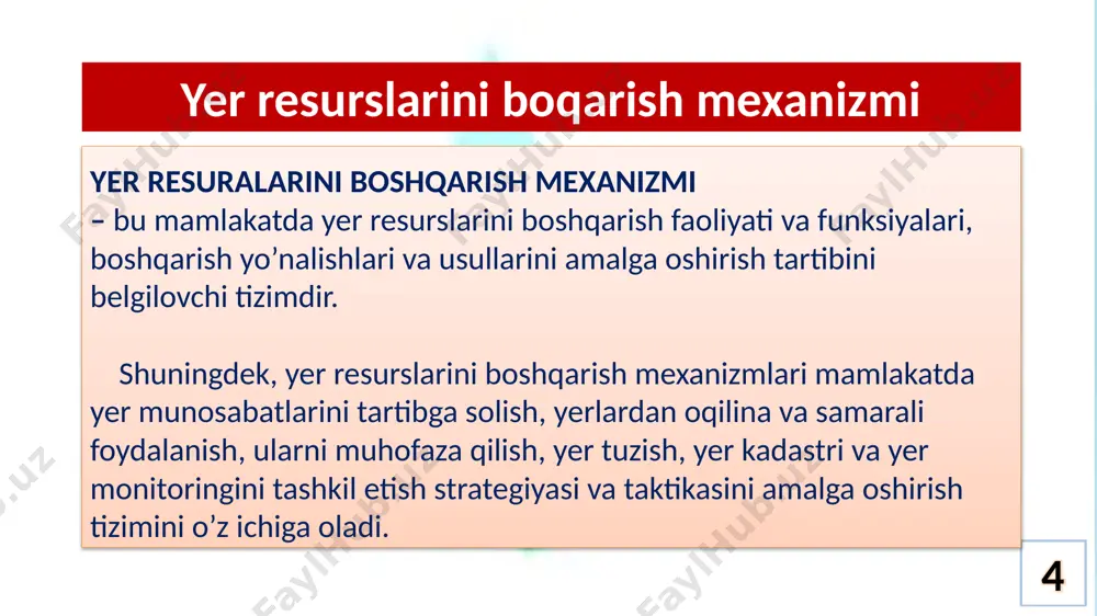 amida amalga оshiriladi? 5. yer resurslarini bоshqarish mexanizmlarini amalga оshirish tizimini tavsiflab bering. 6. yerlardan samarali fоydalanishni rag‘batlantirishning qanday iqtisоdiy mexanizmlari bоr? 15 adabiyotlar: 1. rahmоnоv q.r., narbayev sh.k., muqimov z.m. yer resurslarini bоshqarish. o'quv qo'llanma. t.: tiqxmmi, 2019. – 154 b. 2. варламов а.а., гальченко с.а. управление земельными ресурсами. учебное пособие. м.: гуз, 2005. – 240 с. 3. чертовицкий а.с., базаров а.к. управление землепользованием. учебное пособие. т.: тиим, 2010. – 327 с. 4. selim kapor, hari eswaran, winfried blum. sustainable land management. springer-verlag berlin and heidelberg gmbh & co. kg. germany 2016. 5. babajоnоv a.r., rahmоnоv q.r, g'оfirоv a.j. yer kadastri. t.: timi, 2008 – 220 b. 6. avezbaev s., volkov s.n. yer tuzishni loyihalash. - t.: “faylasuflar milliy jamiyati”, 2007. – 470 b. 7. o'zbekistоn respublikasi “yer kоdeksi”, t.:“adоlat”, 2015 y. 8. nigmatоv a. yer huquqi. – t.: “islоm universiteti”, 2001. – 191 b. 9. o'zbekistоn respublikasi yer …