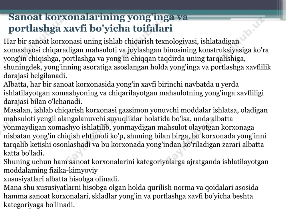i. qozonxonalar, eritish va quyish sexlari, marten sexlari ana shu toifadagi korxonalardandir. f toifa—yong'inga xavfsiz toifa. bunga yonmaydigan jismlar va materiallarga sovuq ishlov beradigan sanoat korxonalari kiradi. mashinasozlik sanoat korxonalari, qurilish sanoat korxonalari shular sirasiga kiradi. omborlar va ba’zi tashqariga o'matilgan hajmli idishlarni yong'inga hamda portlashga xavflik toifalari ularda saqlanayotgan moddalar turiga qarab u yoki bu toifaga kiritish mumkin. odatda, omborlar- ning yong'inga va portlashga xavfligi uni loyihalash va ishga qabul qilish vaqtida har bir vazirlik tasdiqlagan ro'yxat bo'yicha aniqlanadi. bundan tashqari ba’zi bir sanoat korxonalarini ularda ishlatilayotgan gaz, yengil alangalanuvchi suyuqlik va changlar tarkibiga qarab ham yong'inga xavflilik toifasini aniqlash mumkin. shuningdek, yonuvchi gaz va suyuqliklar bilan bog'liq bo'lgan sanoat korxonalarining yong'inga xavflilik toifalarini belgilaganda xuddi shu moddalar sanoat korxonasi xonasi hajmining 5 foizdan ortiq qismida portlashga xavfli aralashma hosil qila oladimi-yo'qmi ekanligini aniqlash kerak. portlashga xavfli aralashma miqdorini hisoblashda quyidagi mulohazalarga e’tibor beriladi: 1) apparatlarning biridan avariya natijasida …