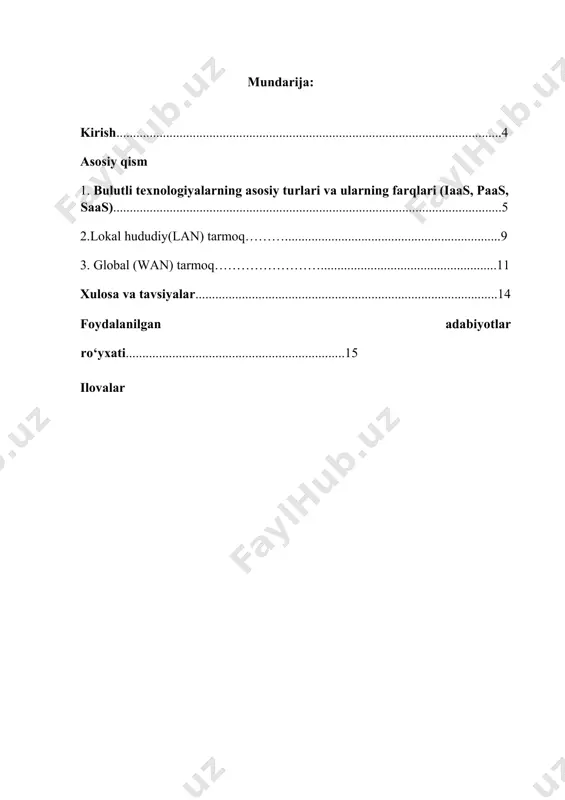 peer-to-peer) orqali ma’lumotlar uzatiladi, saqlanadi va qayta ishlanadi. tarmoqlarning xavfsizligi (firewall, shifrlash, antviruslar) va tezkor ishlashi (5g, optik tolali aloqa) zamonaviy texnologiyalarda ahamiyatli rol o‘ynaydi. kompyuter tarmoqlari biznes, ta’lim, sog‘liqni saqlash va boshqa sohalarda samarali aloqani ta’minlab, dunyoni yangi darajada birlashtirib bormoqda. kirish axborot texnologiyalari jadal rivojlanib borayotgan hozirgi davrda, ma’lumotlarni saqlash, qayta ishlash va ulardan foydalanish imkoniyatlari ham tubdan o‘zgarib bormoqda. bu o‘zgarishlar ichida bulutli texnologiyalar alohida o‘rin egallaydi. bulutli hisoblash (cloud computing) — bu it infratuzilmasini foydalanuvchidan uzoqda joylashgan serverlar orqali taqdim etish tizimidir.bulutli texnologiyalar foydalanuvchilarga o‘z qurilmalariga dasturiy ta'minotni o‘rnatmasdan turib, internet orqali ma’lumotlar, dasturlar va xizmatlardan foydalanish imkonini yaratadi. ayniqsa, ta’lim, sog‘liqni saqlash, biznes va sanoat sohalarida ushbu texnologiyaning ahamiyati kundan-kunga ortib bormoqda. mavzu: bulutli texnologiyalarning asosiy turlari va ularning farqlari (iaas, paas, saas) bulutli texnologiyalar zamonaviy it infratuzilmasining asosiy qismi bo‘lib, ular biznes va ta’lim sohasida keng qo‘llanilmoqda. bulutli xizmatlar uch asosiy turga bo‘linadi: iaas …