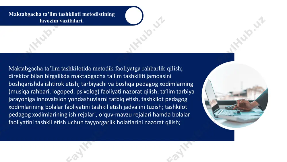 gan oylik ish rejasiga (ish jurnali). yillik hisobot. quyidagi boʻlimlar kiritilgan: 1. maslahat soatlarinilarni rejalashtirish. maslahatlar mtt uchun oyda 2-marta oʻtkaziladi va quyidagi tartibda yuritiladi. keyingi oʻquv yili rejasi uchun gʻoya va takliflar banki ish jurnali orqali metodist mtt faoliyatidagi yangiliklar, gʻoyalar, takliflar hamda amaliy jarayonlarni yil davomida yigʻib boradi. ish jurnalida berilgan takliflar, tavsiyalar, kamchiliklar asosida kelgusi oy rejalari belgilanadi. metodistning oʻquv yili yakunida yozadigan yillik hisobot shakli yillik hisobot shakli ota-onalar bilan hamkorlik ishlari oʻtkazilagan tadbirlar tavsifi mttning umumiy tavsifi joriy oʻquv yilining maqsad va vazifalari. 01 03 02 tarbiyalanuvchilarning tanlov va boshqa musobaqalardagi ishtiroki boʻyicha natijalar 04 05 rivojlantiruvchi muhitni yangilash boʻyicha amalga oshirilgan ishlar oʻquv yili yakuniga “ilk qadam” davlat oʻquv dasturini oʻzlashtirish natijalari oʻquv yili yakuniga “ilk qadam” davlat oʻquv dasturini oʻzlashtirish natijalari oʻz ustida ishlash. keyingi oʻquv yiliga reja. maktabgacha ta'lim tashkiloti pedagoglari faoliyatini ichki baholash 04-03. bolaning rivojlanish xaritasining yuritilishini nazorat qilish daftari: …