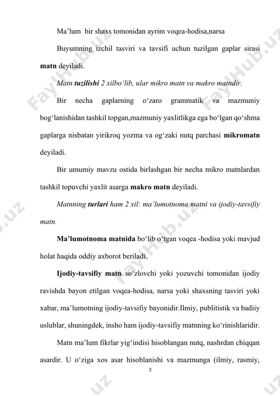 ic davrning suqrot, aflotun singari mutafakkirlari asos solganlar. keyinchalik o‘rta asrlar, uyg‘onish davriva yevropa ma’rifatchilik adabiyotida ham dialog janri ancha faol bo‘lgan .o‘zbek adabiyotida dialog- ning ildizlari munozara janriga borib taqaladi. xx asr boshlari o‘zbek adabiyotida dialog janri, unga xos unsurlardan ma’rifatchilik g‘oyalarini ommalashtirishda samarali foydalanildi. jumladan, fitratning “munozara”, “bedil” asarlarini dialog janri namunasi sanash mumkin. dialogik matn tarkibida so‘roq olmoshlari, muomala odobiga oid so‘z va iboralar, yuklamalar, undovlar, kirish so‘zlar keng qo‘llanadi.ko‘p kishilik dialoglarda suhbat mavzusi savol-javobdan iborat bo‘lmay, o‘rtaga tashlangan savol, taklif, da’vat, biror xabar, dalillarbilan xulosalanadi. bunday matndagi gaplar, asosan, sodda gaplardan tashkil topadi, sodda gaplarning bir tarkibli turlari, to‘liqsiz gaplar, so‘z-gaplar faol ishlatiladi. ikki kishi o‘rtasidagi dialog - nutq savol-javob, buyruq-javob, xabar-e’tiroz kabi mazmunlarda bo‘lib, fikr xususidagi tasdiq yoki inkorni, ziddiyat yoki munozarani ifodalaydi. dialogik matn so‘zlashuv uslubi va badiiy uslubga xosdir. monologik matn.monologik matnda mazmunizchilligi monolog ( yunon. monos – yakka, logos – so‘z ) …