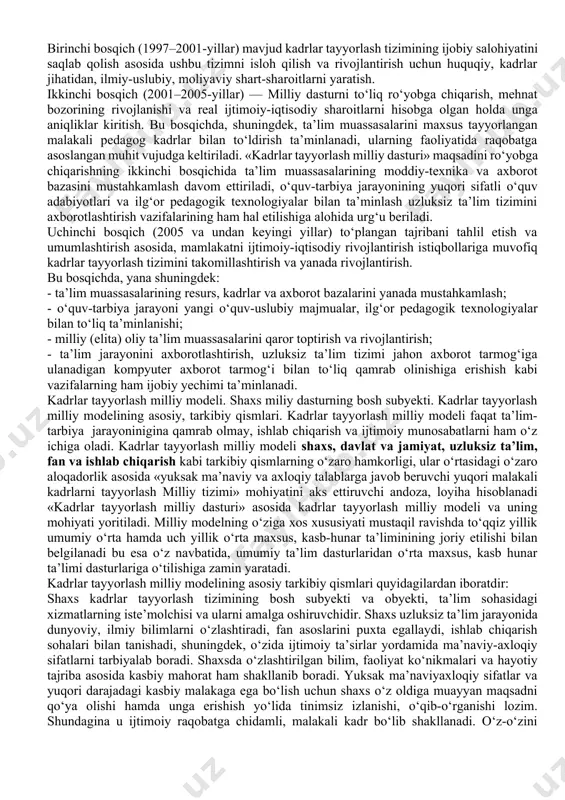 sidagi imtiyozlar (energiya vositalariga 50% ham to‘lash, turar joylarni xususiylashtirish va x.k.) xizmatchini rag‘batlantirish uchun imkoniyat darajasida qo‘shimcha ish haqi to‘lash mumkin. yetim va qarovsiz qolgan bolalar to‘la davlat hisobidan ta’lim-tarbiya olish huquqiga egadirlar. jismoniy va ruhiy kamoloti izdan chiqqan yoshlarni tarbiyalash uchun maxsus o‘quv muassasalari tashkil etiladi. ularga qabul qilish va qaytarish maxsus ruhiy tibbiy pedagogik komissiya tomonidan yo‘lga qo‘yiladi. maxsus o‘quv muassasalari qisman yoki to‘la davlat ta’liminotida bo‘ladi. 4. ta’lim tizimini boshqarish: o‘zbekistan respublikasi vazirlar mahkamasi ta’lim sohasidagi yaxlit davlat siyosatini amalga oshiradi. ta’limga rahbarlik qiluvchi davlat tashkilotlarini boshqaradi. ta’lim rivojlantirishning dasturlarini ishlab chiqadi va amalga tatbiq etadi. ta’lim muassasalarini ochish, o‘zgartirish va yopishning tartibini ishlab chiqadi va bajaradi. ta’lim-tarbiya muassasalari va ilmiy kadrlarni attestatsiya va akkreditatsiyadan oʻtkazish. o‘zbekistonda chet el ta’lim muassasalariga faoliyat yuritishiga ruxsat berish. chet el ta’lim hujjatlarini tan olish tartibini o‘rnatish. davlat ta’lim standartlarini tasdiqdash. ta’lim muassasalariga qabul qilishning davlat (grant) miqdorini belgilash va …