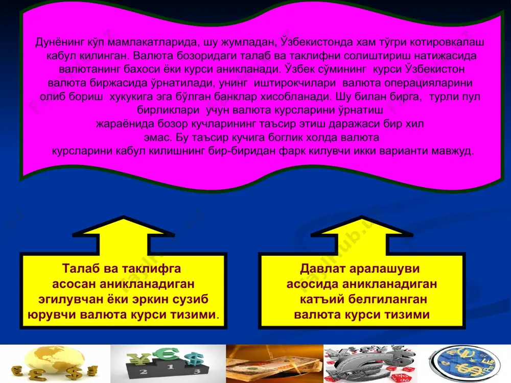 ртируемая валюта не обменивается на другие валюты свободно обменивается на другие валюты доллар, евро, иена, фунт, франк рубль, манат, песо 33. обменные курсы валют глава 5. экономика мира * 33. обменные курсы валют валютный курс изменяется вследствие изменения спроса и предложения валюты. q, млн долл. e, валютный курс (р/$) s, предложение долларов d, спрос на доллары 28 5 s’ 3 30 33. обменные курсы валют * спрос на доллары составляет d предложение долларов составляет s при таком спросе и предложении 5 млн. долларов могут быть конвертиртированы в рубли по курсу 28 руб/$. если количество долларов, предлагаемых на ранке, падает до 3 млн. и их кривая их предложение в целом сокращается до s’, при том, что спрос на доллары остается неизменным, то цена доллара в рублях, т.е. валютный курс доллара, растет до 30 руб/$, а курс рубля, соответственно, падает. глава 5. экономика мира * 33. обменные курсы валют валютный рынок (currency …