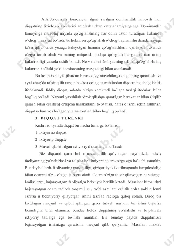 day hollarda faoliyatning maroqliligi, qiziqarli yoki kutilmaganda favqulotdaligi bilan odamni o`z - o`ziga jalb eta oladi. odam o`ziga ta`sir qilayotgan narsalarga, hodisalarga, bajarayotgan faoliyatiga beixtiyor berilib ketadi. masalan: biror ishni bajarayotgan odam radioda yoqimli kuy yoki ashulani eshitib qolsa yoki e`lonni eshitsa u beixtiyoriy qilayotgan ishini tashlab radioga quloq soladi. biroq biz ko`zlagan maqsad va qabul qilingan qaror tufayli ma`lum bir ishni bajarish lozimligini bilar ekanmiz, bunday holda diqqatning yo`nalishi va to`planishi ixtiyoriy tabiatga ega bo`lishi mumkin. biz bunday paytda diqqatimizni bajarayotgan ishimizga qaratishni maqsad qilib qo`yamiz. masalan: maktab o`quvchisi berilgan topshiriqni ongli ravishda bajarishini ixtiyoriy tabiatga ega deb bilamiz. ba`zan esa tamoman boshqa bir narsa jalb qiladi? bu o`rinda biz odatda diqqatni jalb qilish xususida bir - biri bilan zich bog`lanib ketgan murakkab sabablarga egamiz. bu sabablarni tahlil qilish maqsadida biz ularni shartli suratda turli toifalarga bo`lamiz. bunda qo`zg`atuvchining absolyut kuchidan ko`ra, nisbiy kuchi muhimroq rol o`ynaydi. qo`zg`atuvchining to`xtatib …